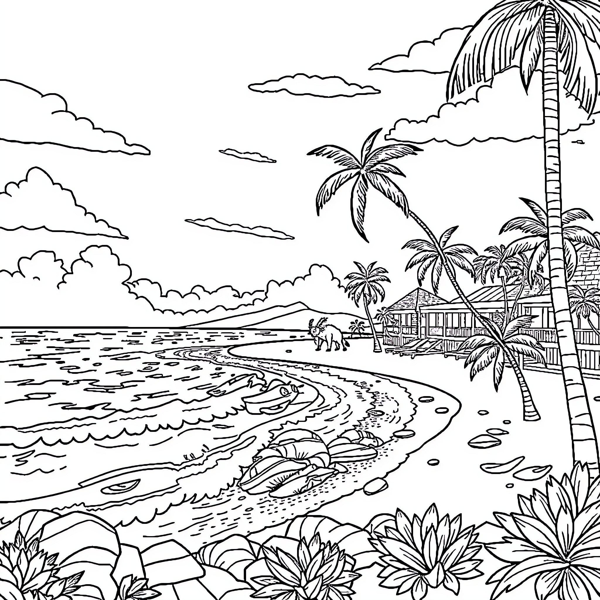 Resort Scene with Tropical Landscape and Beachfront Coloring Page (free black-and-white line drawing printable PDF for all, from beginners to advanced learners, including children, teens, adults, and seniors)