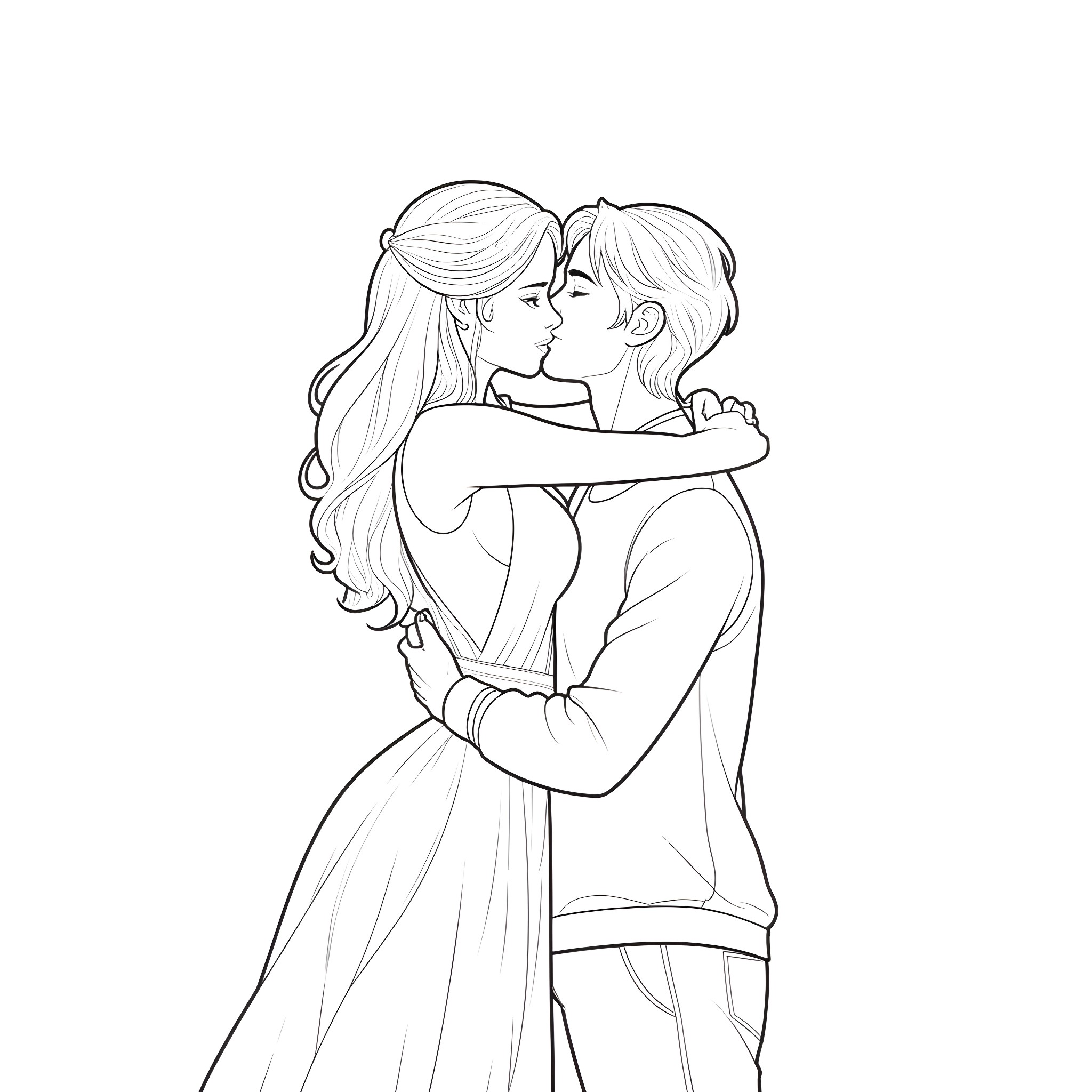 Rhysand and Feyre's intimate embrace Coloring Page (free black-and-white line drawing printable PDF for all, from beginners to advanced learners, including children, teens, adults, and seniors)