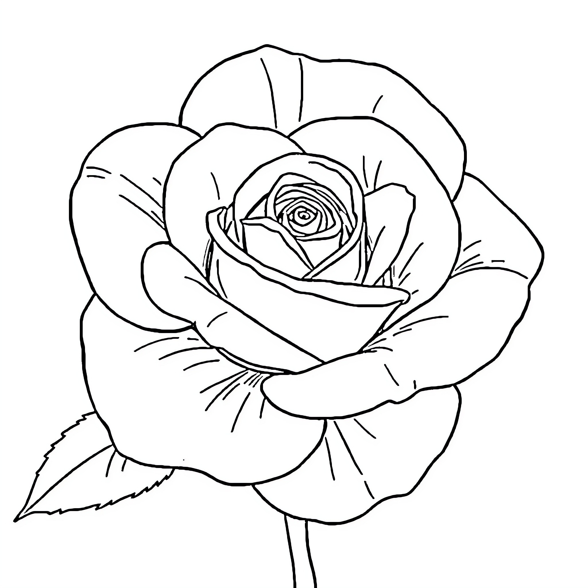 Rose in Bloom Coloring Page (free black-and-white line drawing printable PDF for all, from beginners to advanced learners, including children, teens, adults, and seniors)