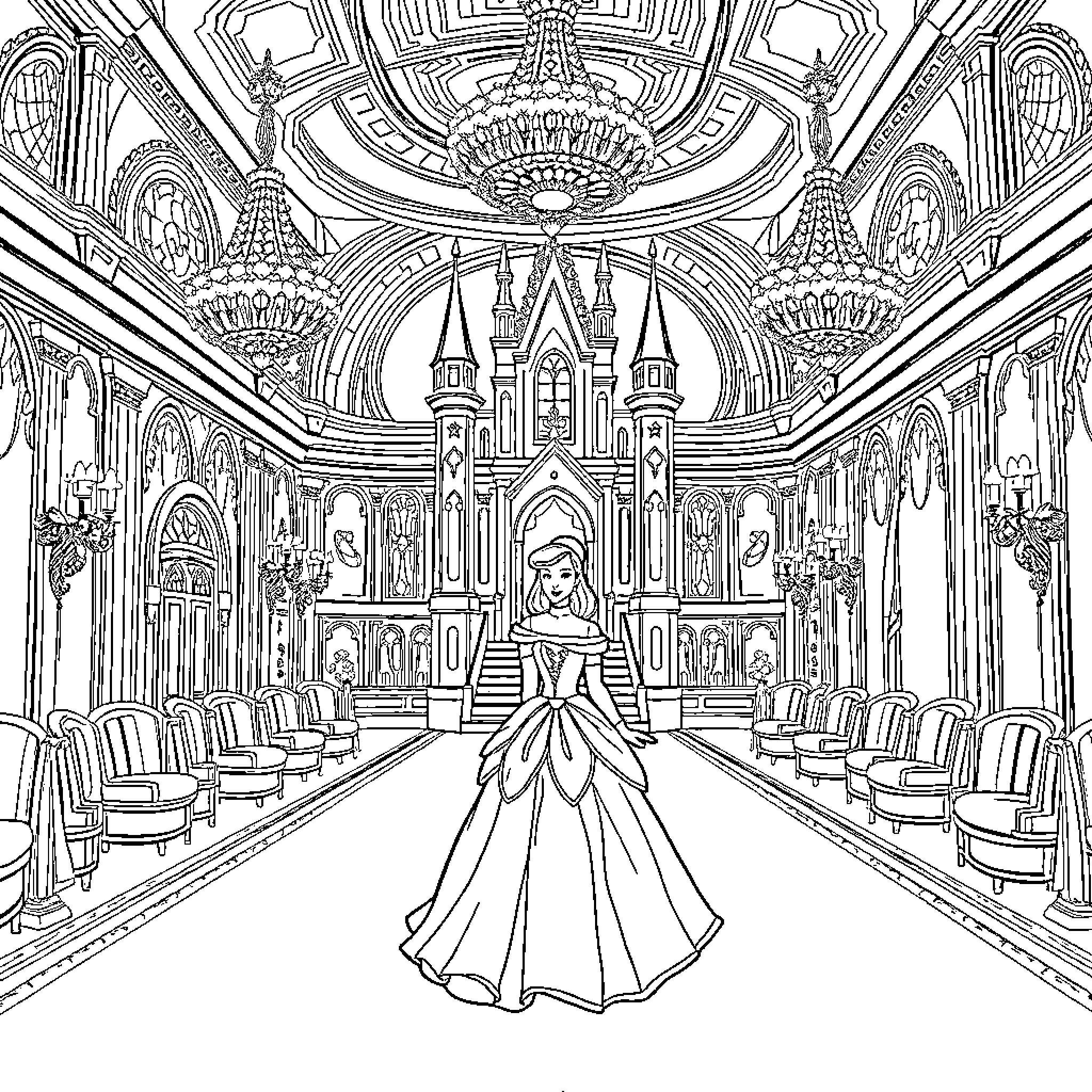 Cinderella in a grand palace ballroom Coloring Page (free black-and-white line drawing printable PDF for all, from beginners to advanced learners, including children, teens, adults, and seniors)