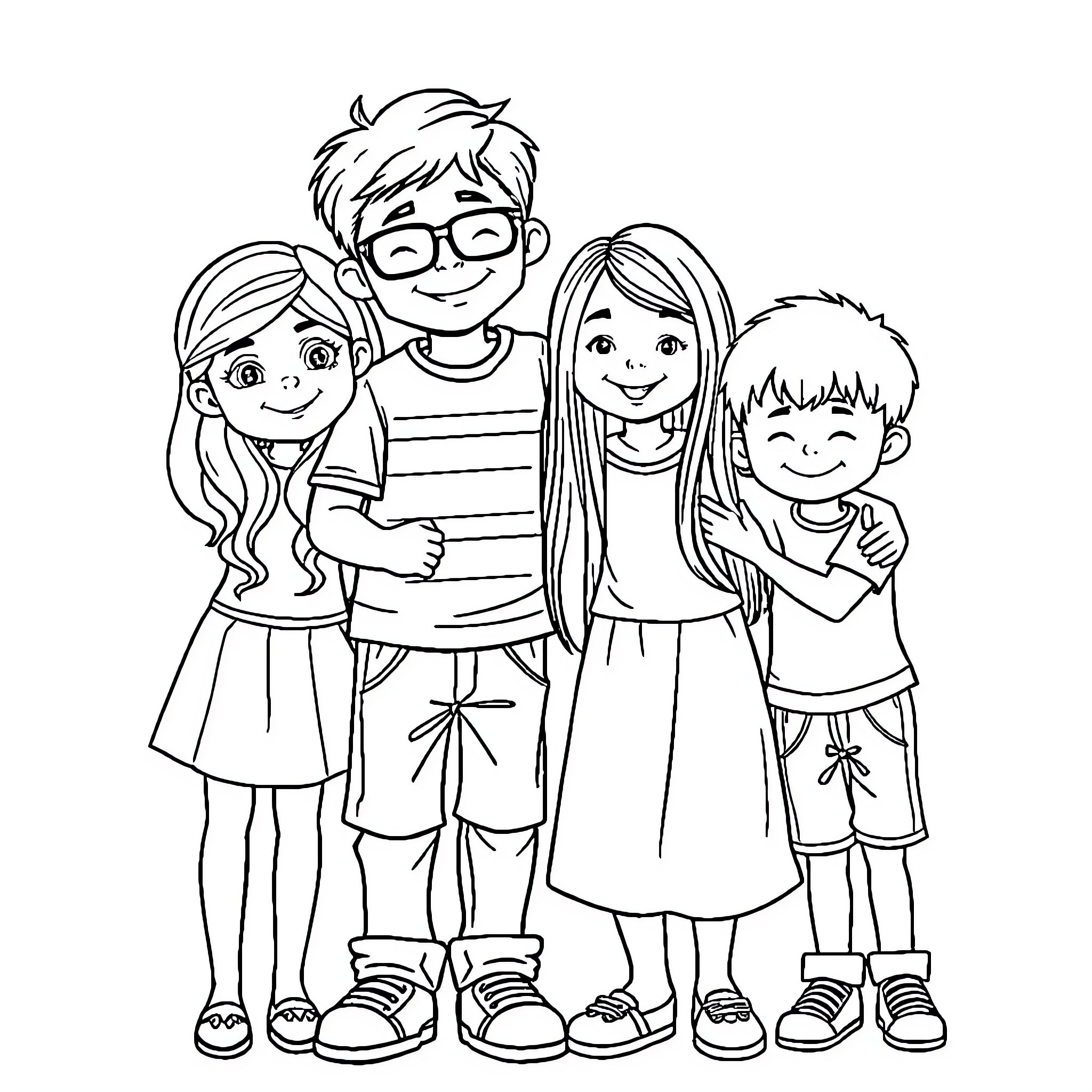Kid friends smiling and posing together Coloring Page (free black-and-white line drawing printable PDF for all, from beginners to advanced learners, including children, teens, adults, and seniors)