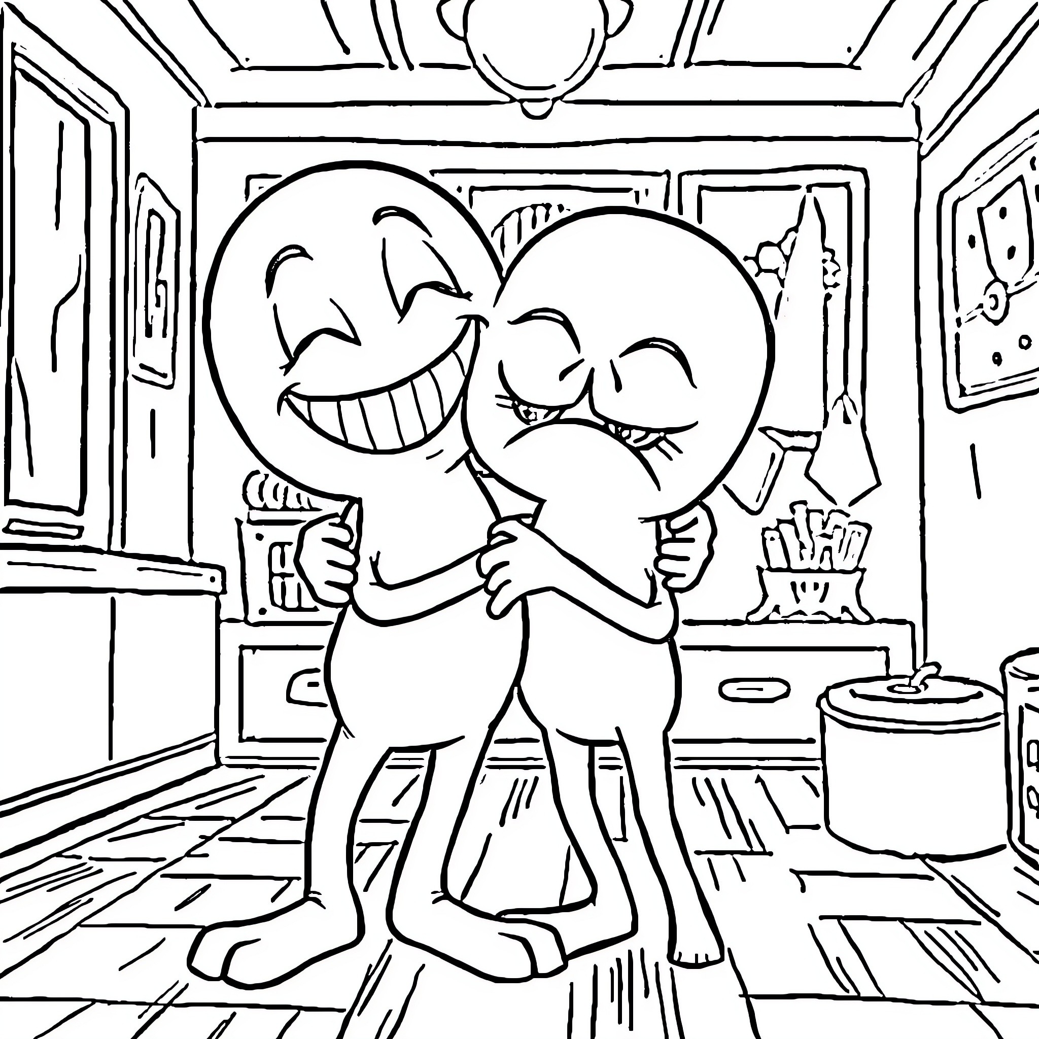 Meeseeks embracing joyfully in a cluttered room Coloring Page (free black-and-white line drawing printable PDF for all, from beginners to advanced learners, including children, teens, adults, and seniors)