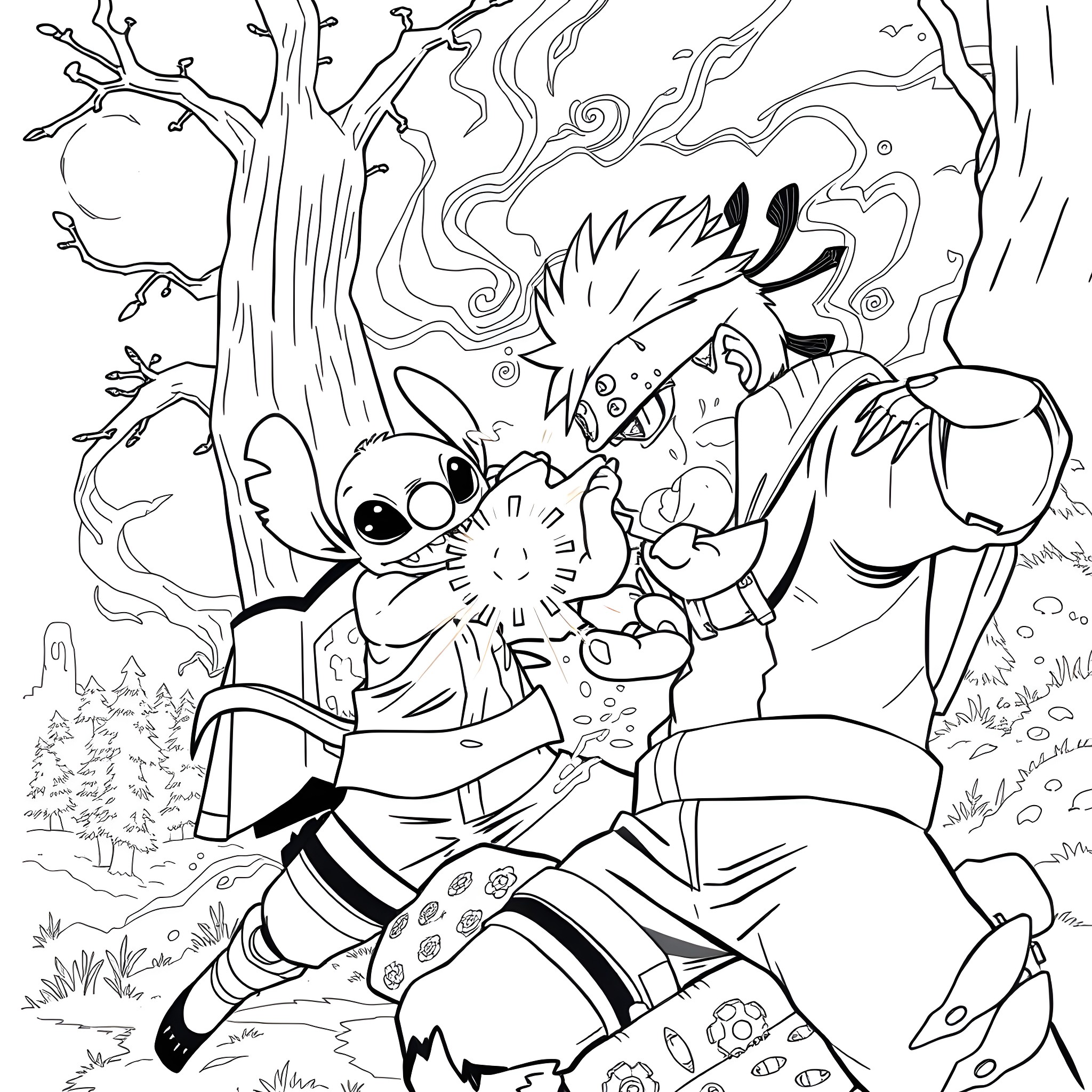 Naruto and friends in a lively forest scene Coloring Page (free black-and-white line drawing printable PDF for all, from beginners to advanced learners, including children, teens, adults, and seniors)