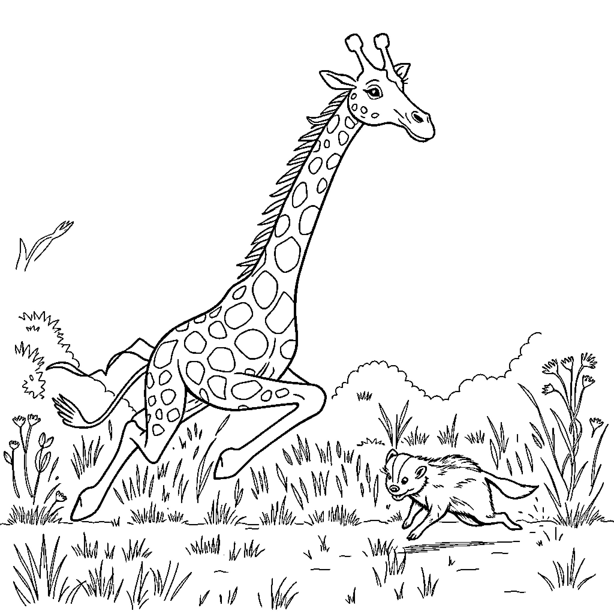 Giraffe exploring lush grassland with curious rabbit Coloring Page (free black-and-white line drawing printable PDF for all, from beginners to advanced learners, including children, teens, adults, and seniors)