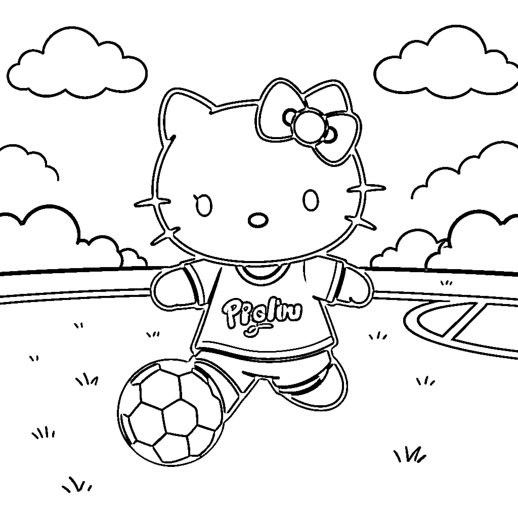 Hello Kitty playing with soccer ball outdoors Coloring Page (free black-and-white line drawing printable PDF for all, from beginners to advanced learners, including children, teens, adults, and seniors)