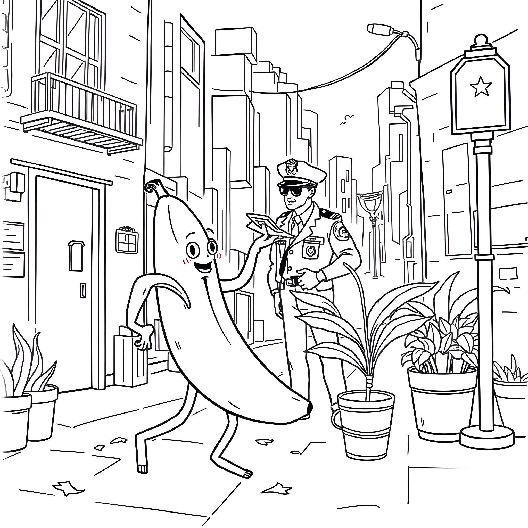 Banana in uniform meets friendly officer on city street Coloring Page (free black-and-white line drawing printable PDF for all, from beginners to advanced learners, including children, teens, adults, and seniors)