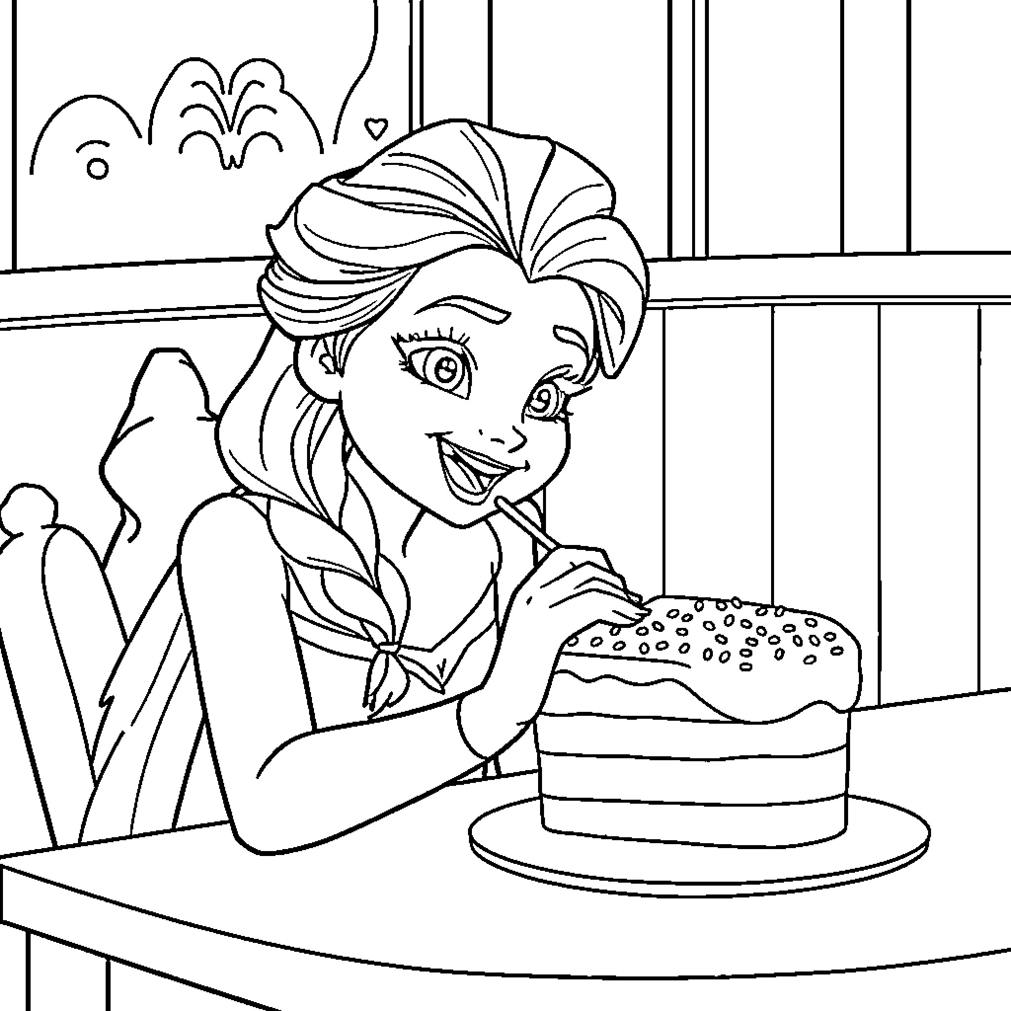 Elsa enjoying a delightful cake Coloring Page (free black-and-white line drawing printable PDF for all, from beginners to advanced learners, including children, teens, adults, and seniors)