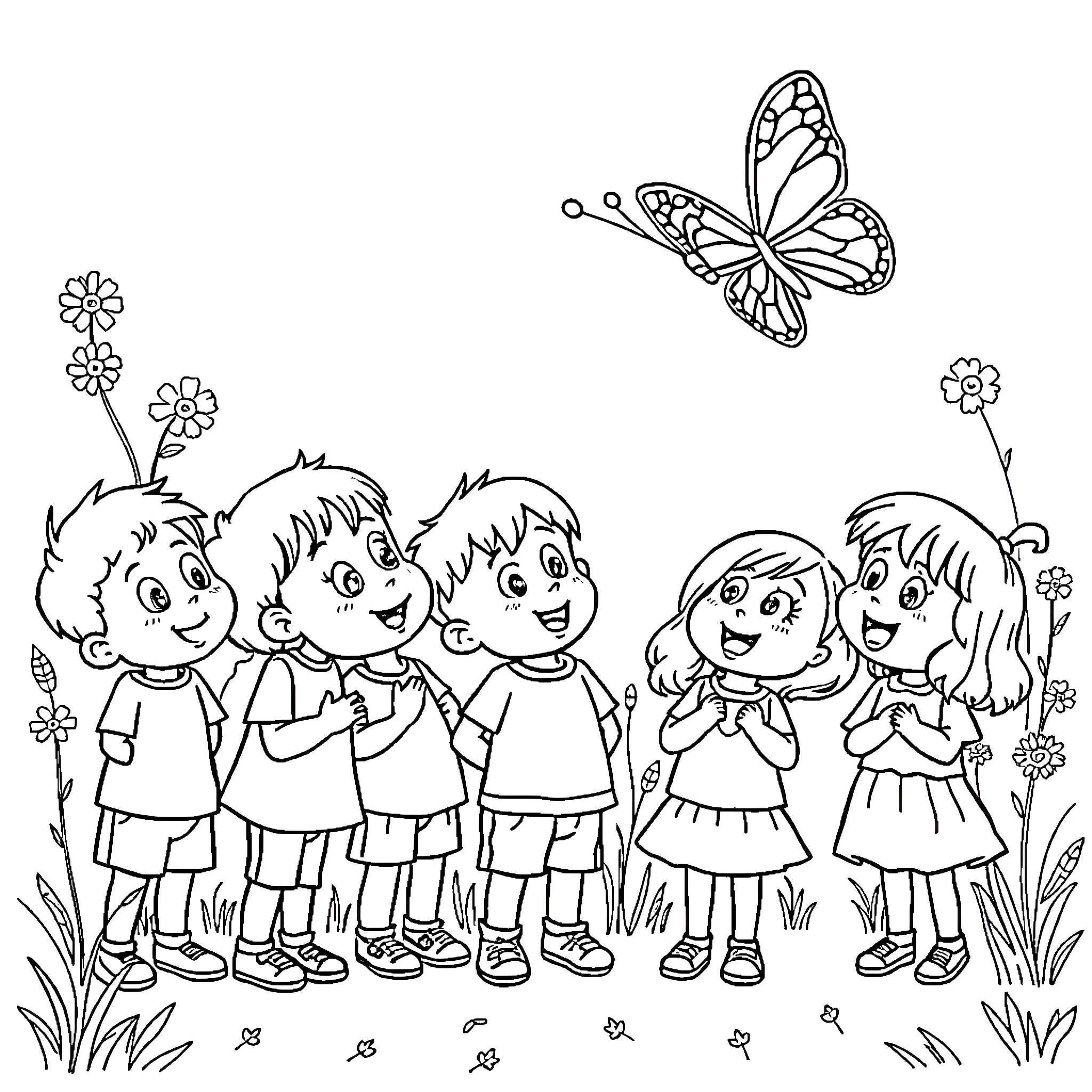 Butterfly Brings Joy to Smiling Children Coloring Page (free black-and-white line drawing printable PDF for all, from beginners to advanced learners, including children, teens, adults, and seniors)