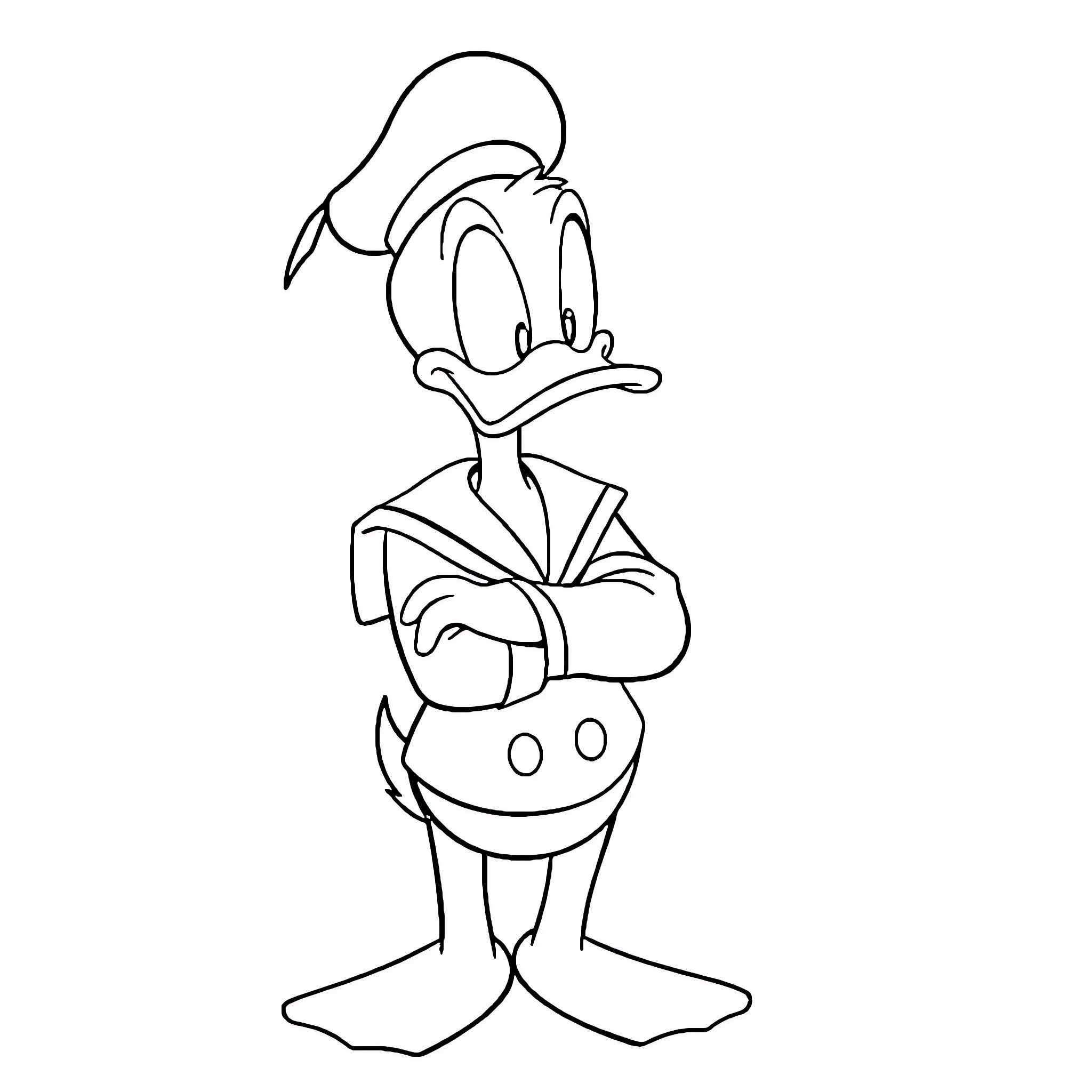Donald Duck in a Pensive Pose Coloring Page (free black-and-white line drawing printable PDF for all, from beginners to advanced learners, including children, teens, adults, and seniors)