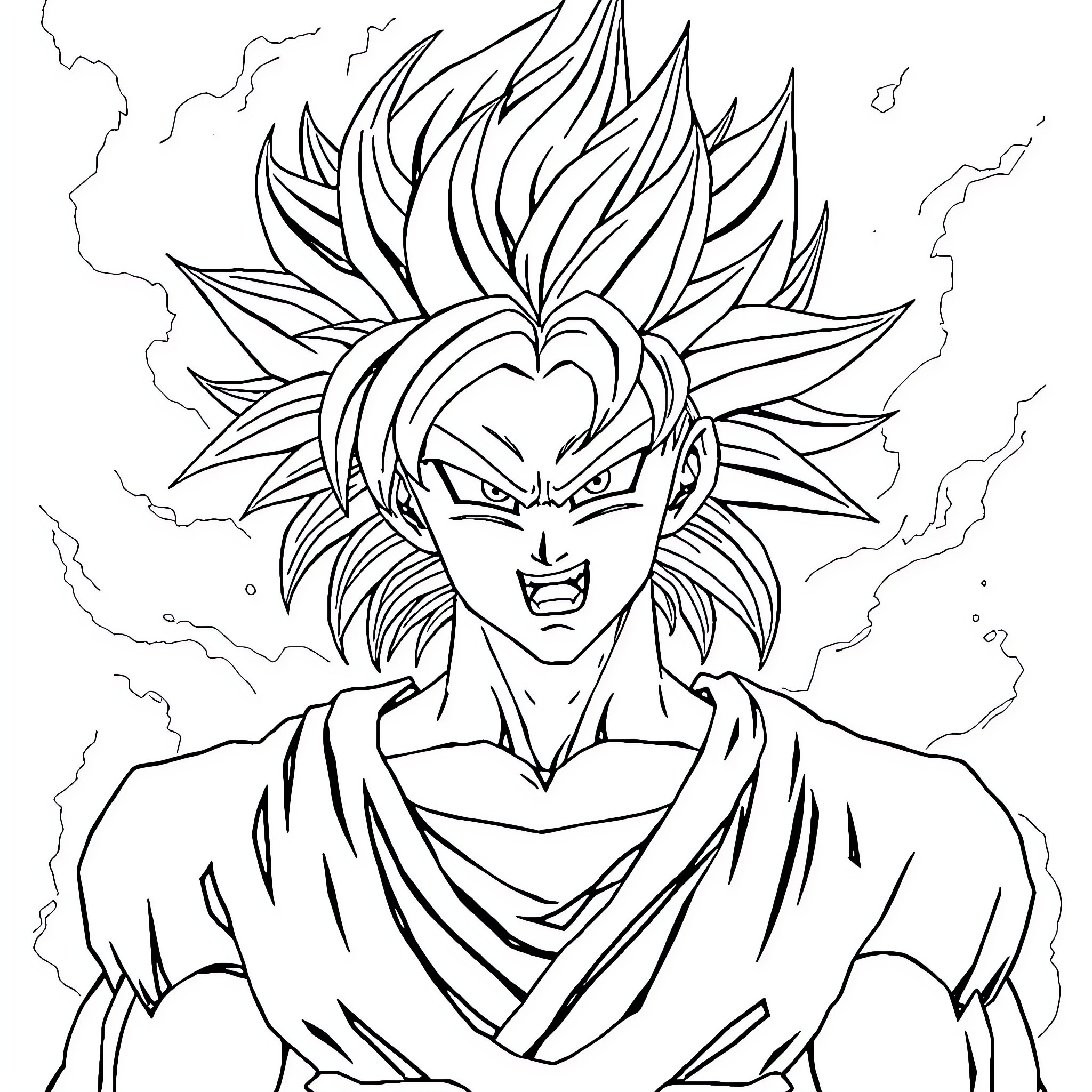 Sangoku's Explosive Super Saiyan Transformation Coloring Page (free black-and-white line drawing printable PDF for all, from beginners to advanced learners, including children, teens, adults, and seniors)