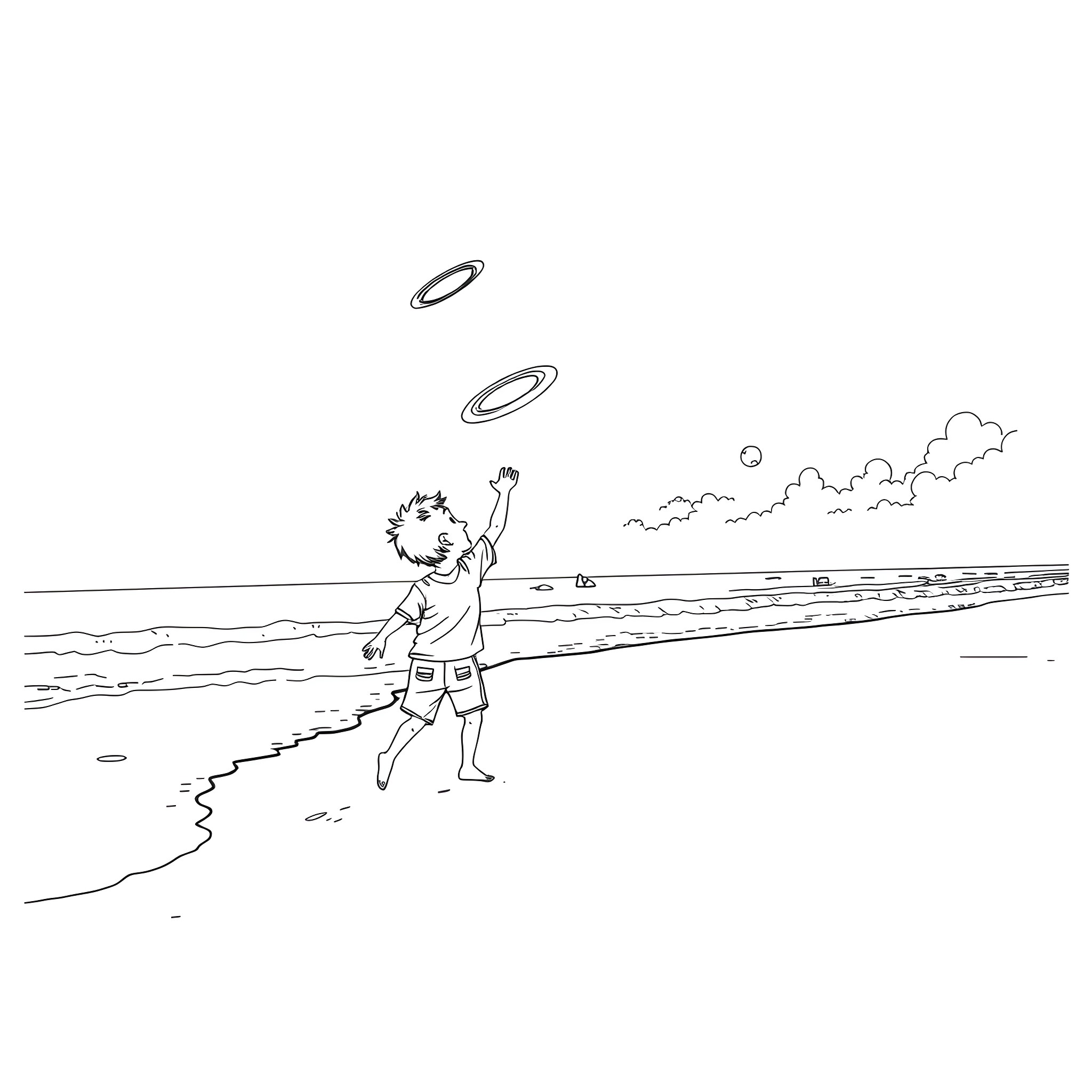 Boy playing with frisbees on the beach Coloring Page (free black-and-white line drawing printable PDF for all, from beginners to advanced learners, including children, teens, adults, and seniors)