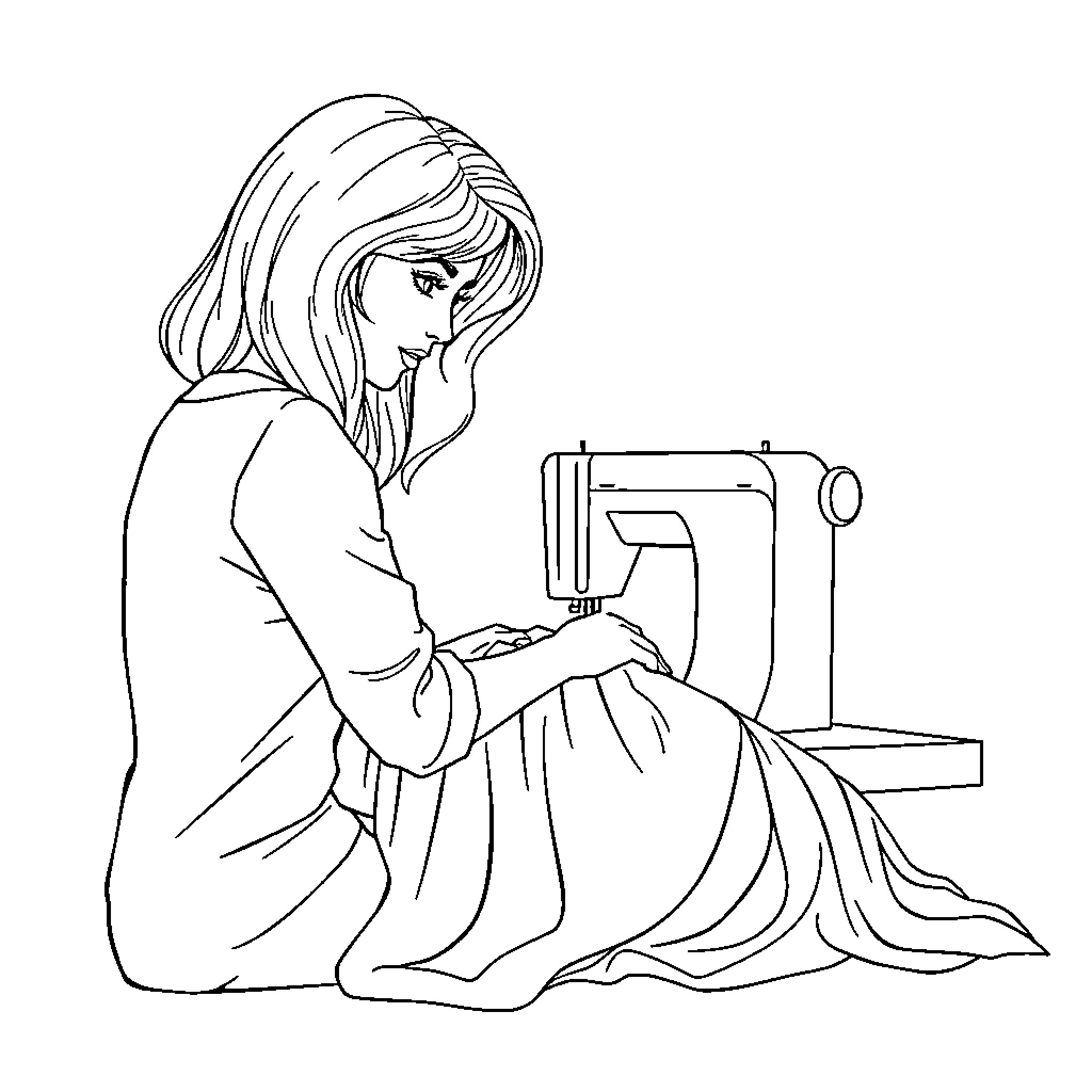 Lady sewing with a vintage sewing machine Coloring Page (free black-and-white line drawing printable PDF for all, from beginners to advanced learners, including children, teens, adults, and seniors)