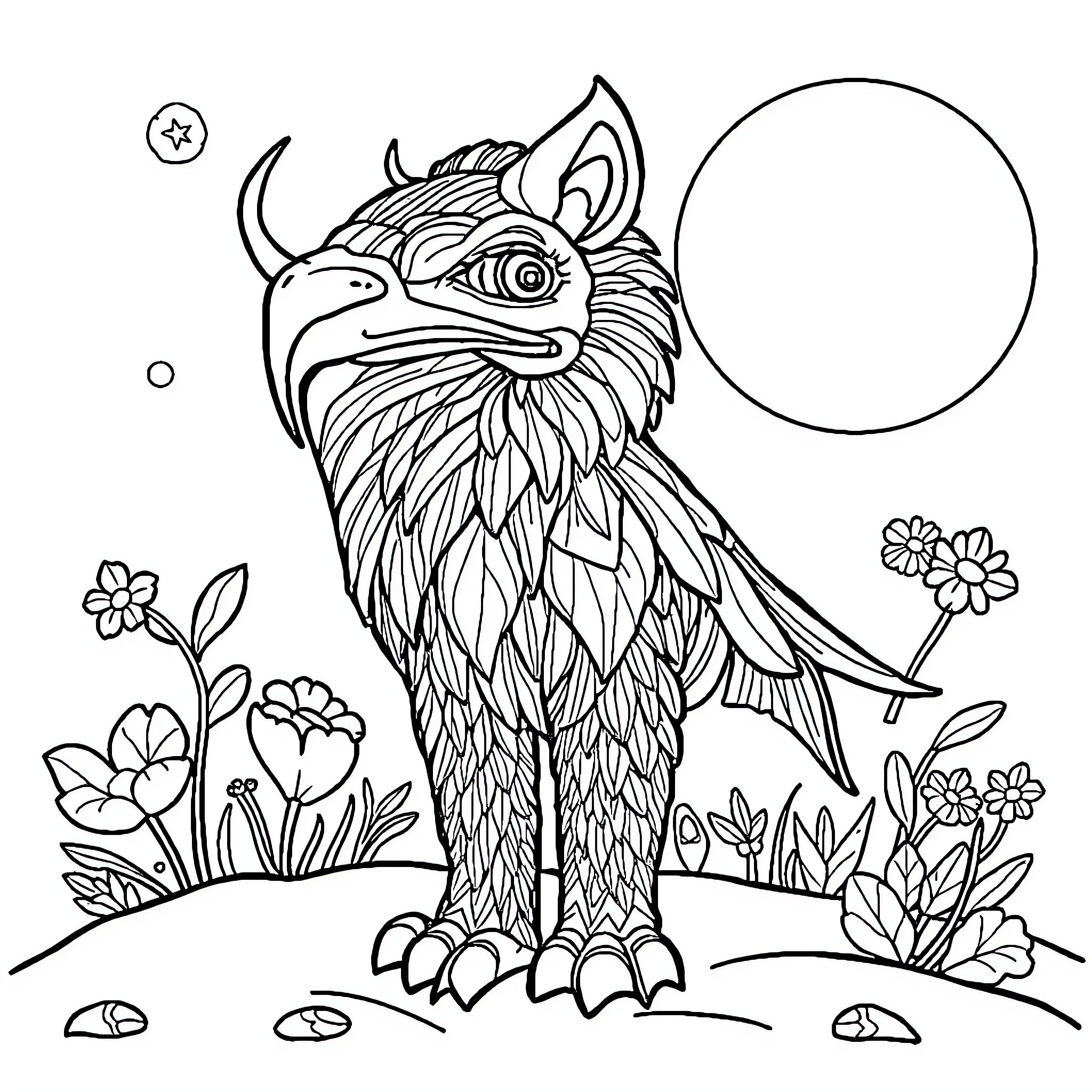Kids exploring whimsical forest with fantastical creature Coloring Page (free black-and-white line drawing printable PDF for all, from beginners to advanced learners, including children, teens, adults, and seniors)