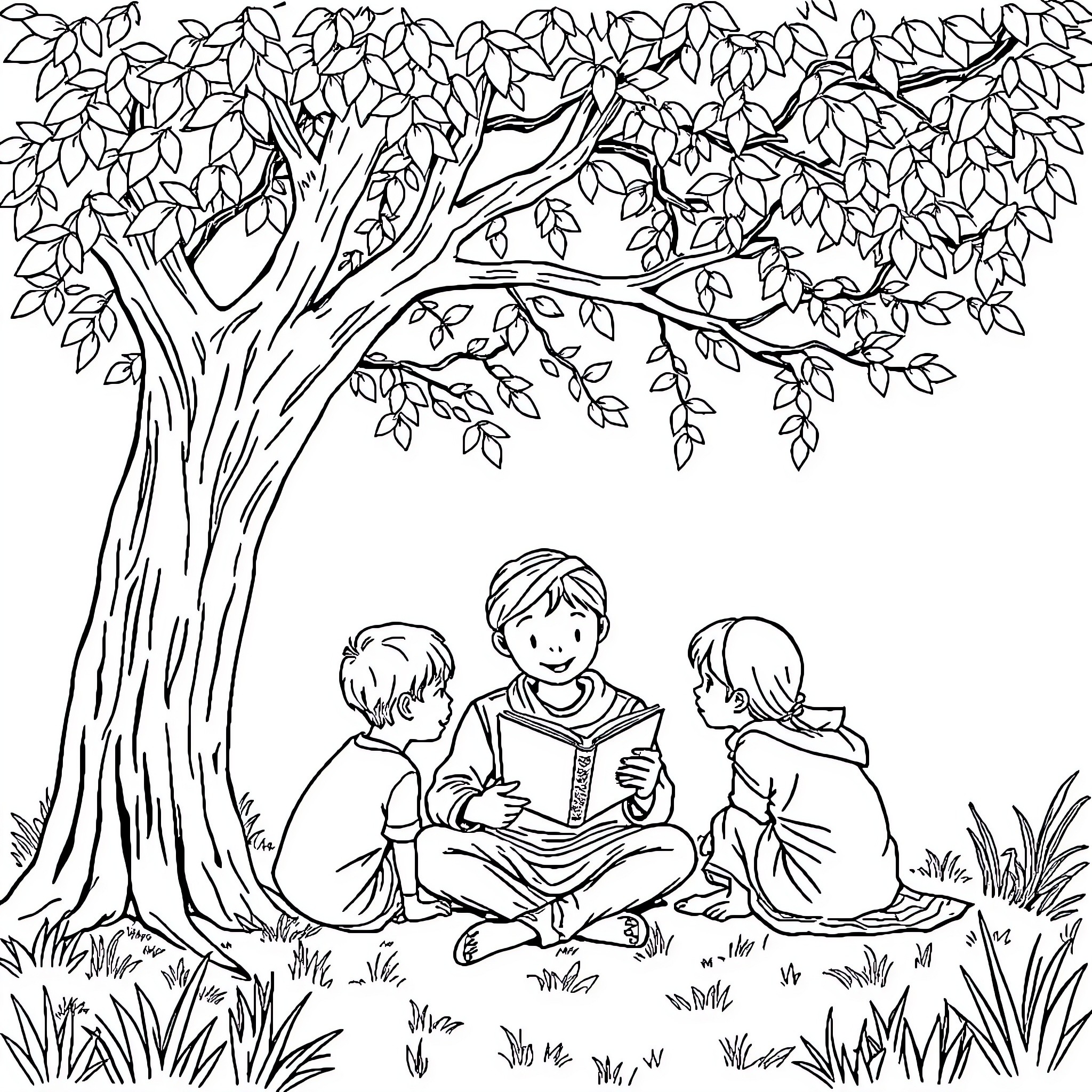 Boy reading story under big tree with friends Coloring Page (free black-and-white line drawing printable PDF for all, from beginners to advanced learners, including children, teens, adults, and seniors)