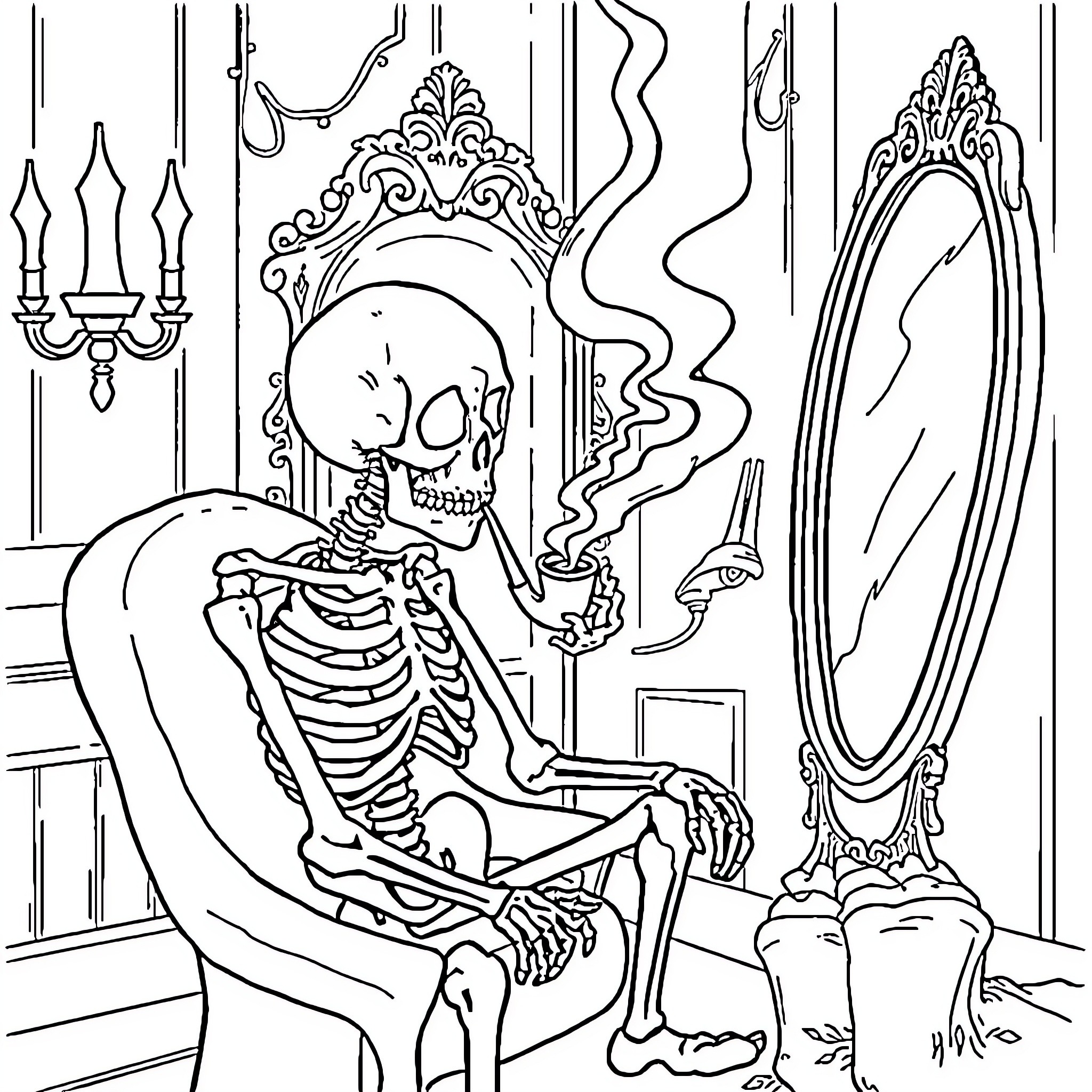 Skeleton enjoying a relaxing moment in an ornate setting Coloring Page (free black-and-white line drawing printable PDF for all, from beginners to advanced learners, including children, teens, adults, and seniors)