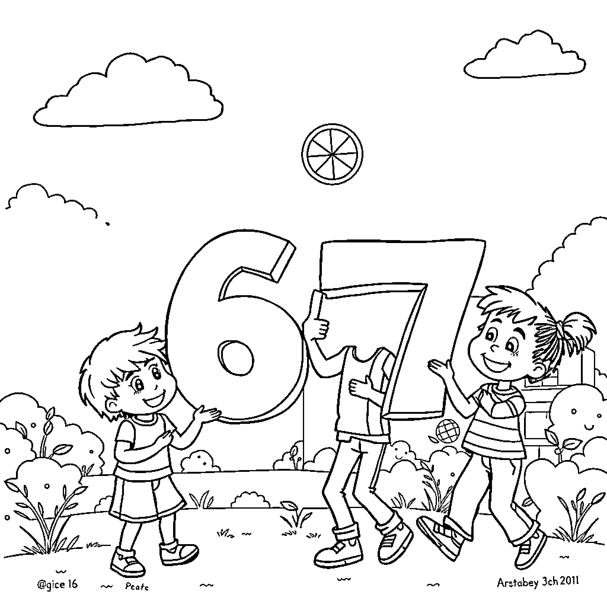 Number 67 Outdoor Children's Activities Coloring Page (free black-and-white line drawing printable PDF for all, from beginners to advanced learners, including children, teens, adults, and seniors)