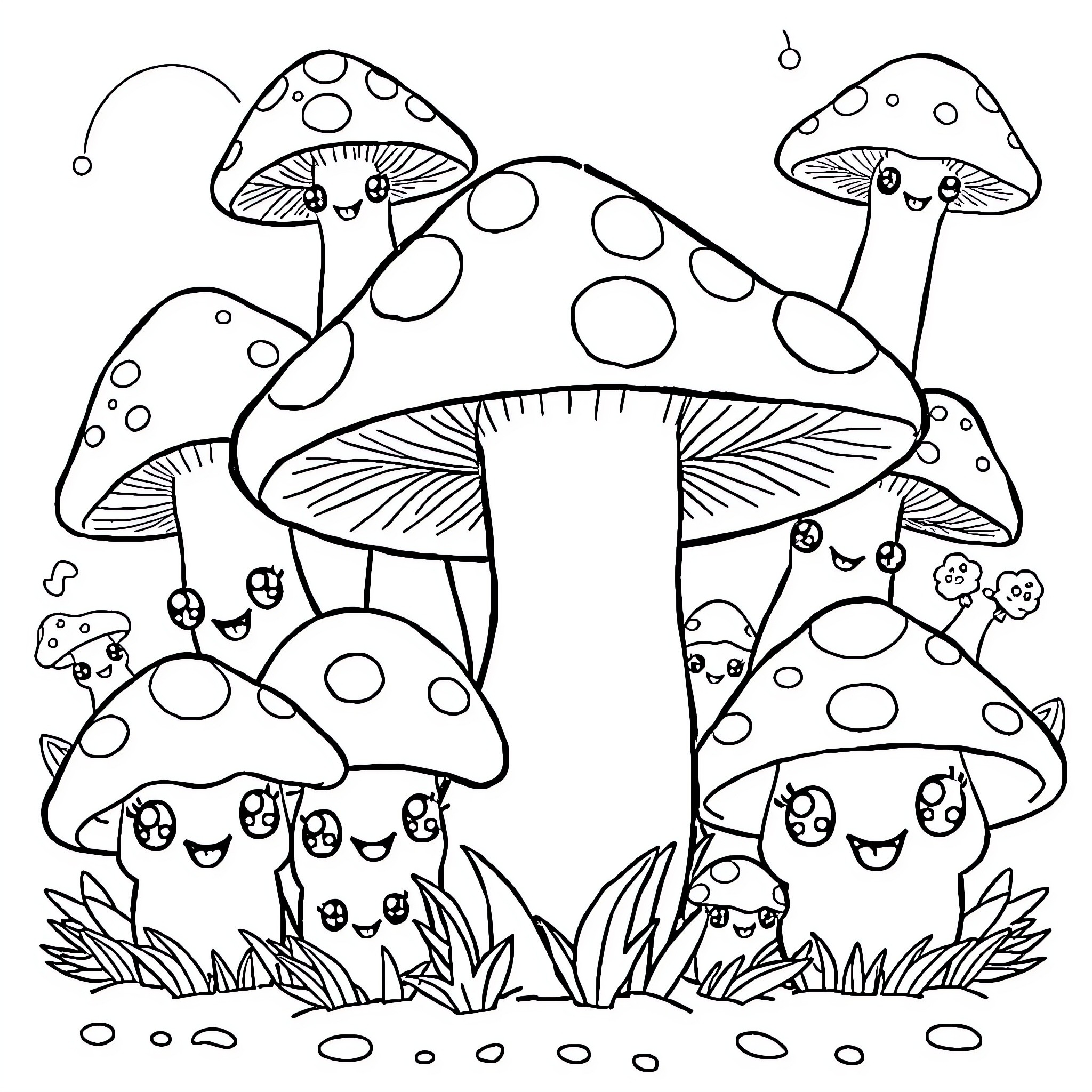 Mushroom friends gathering in the garden Coloring Page (free black-and-white line drawing printable PDF for all, from beginners to advanced learners, including children, teens, adults, and seniors)