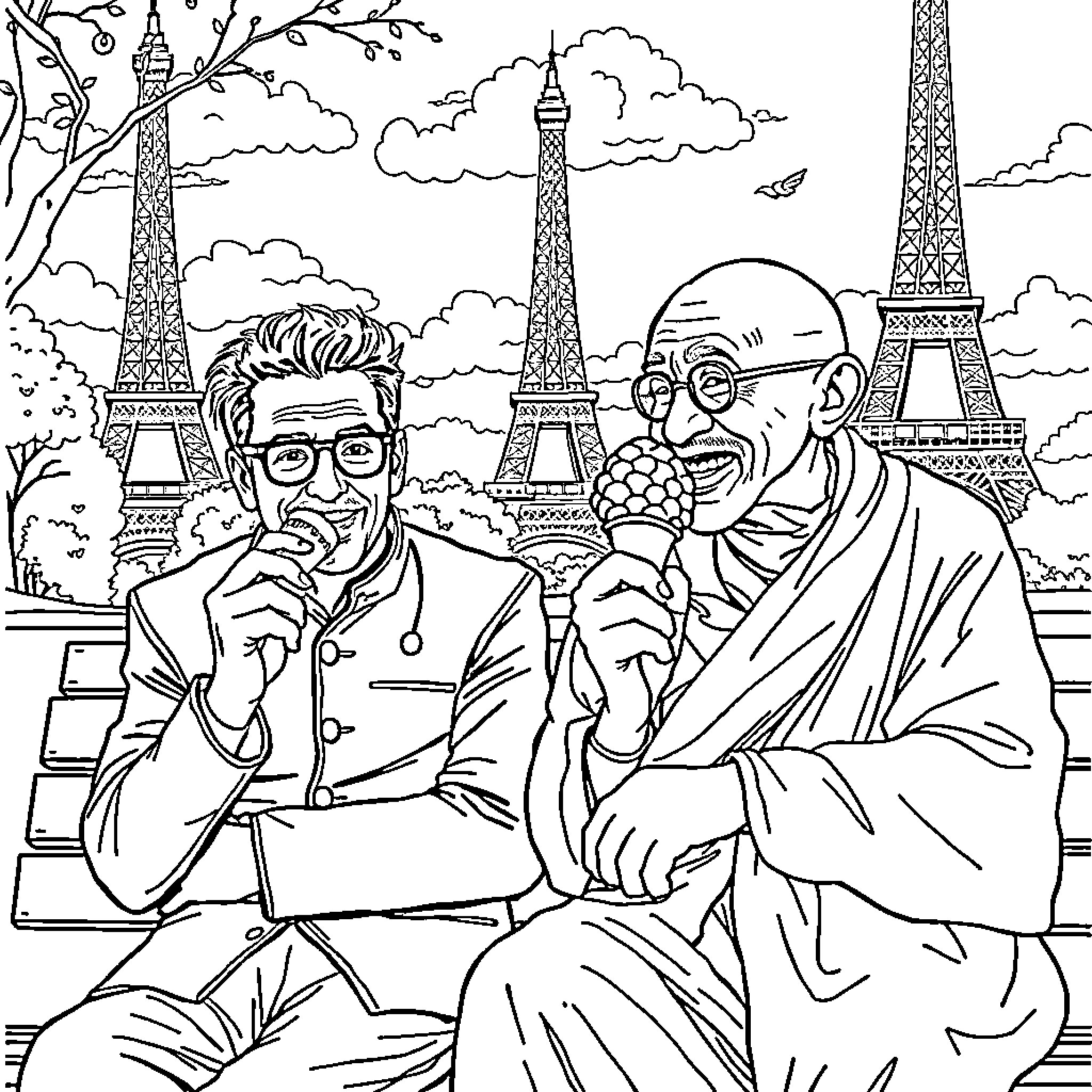 Robert Downey Jr. and Gandhi Enjoy Casual Conversation in Paris Coloring Page (free black-and-white line drawing printable PDF for all, from beginners to advanced learners, including children, teens, adults, and seniors)