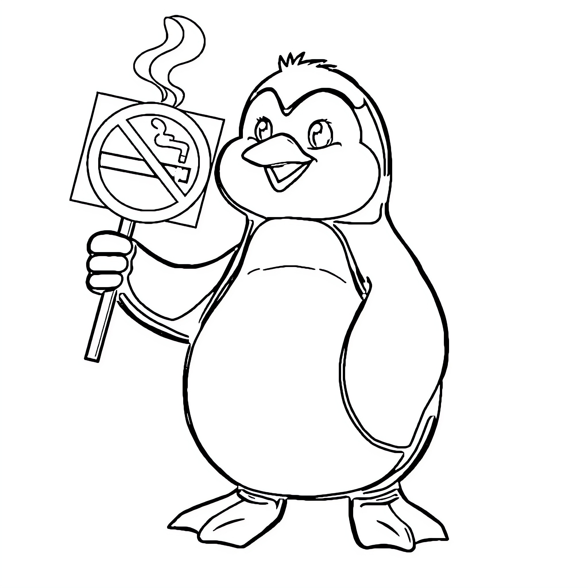 Penguin holding a no smoking sign Coloring Page (free black-and-white line drawing printable PDF for all, from beginners to advanced learners, including children, teens, adults, and seniors)
