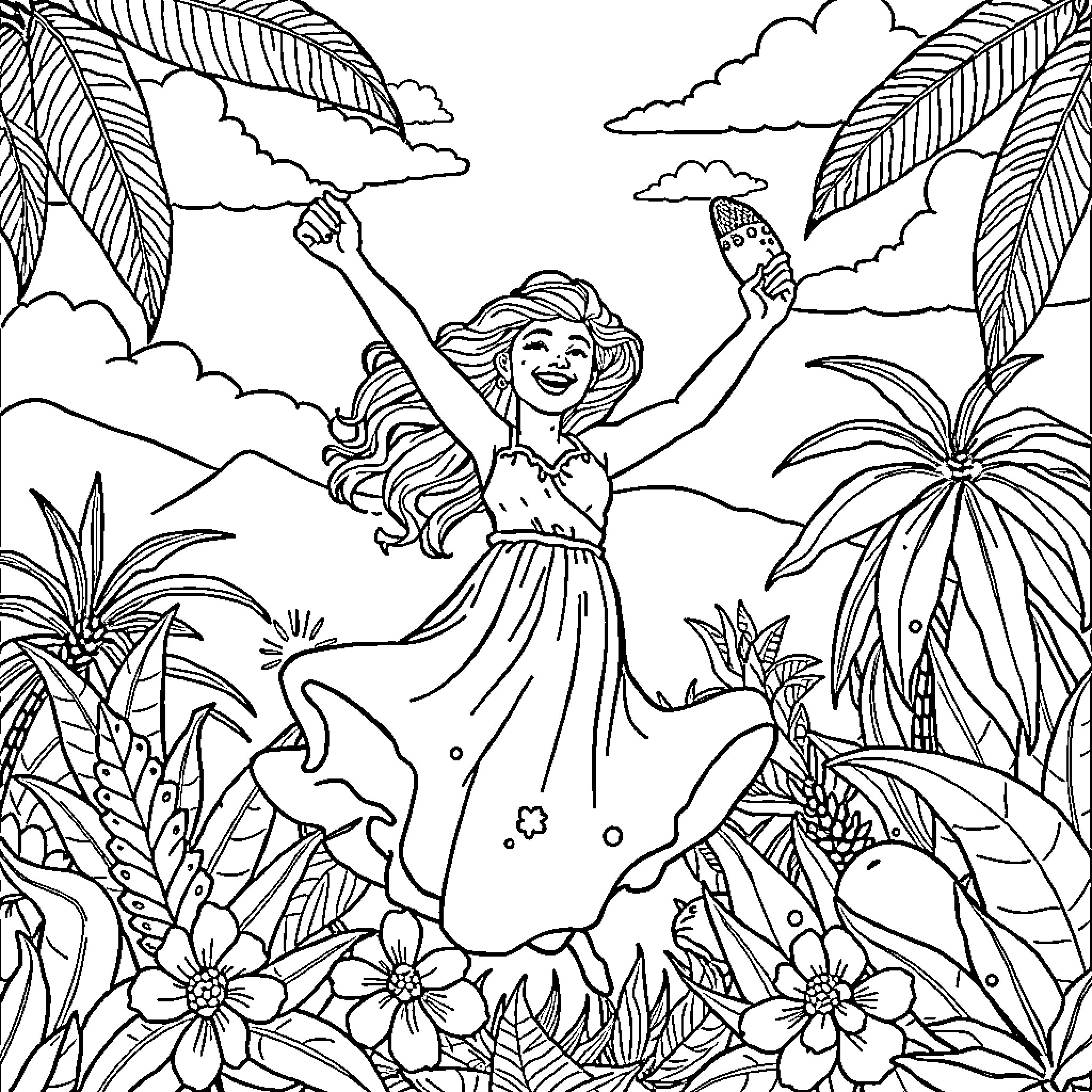 Juggler joyfully dancing in tropical paradise Coloring Page (free black-and-white line drawing printable PDF for all, from beginners to advanced learners, including children, teens, adults, and seniors)