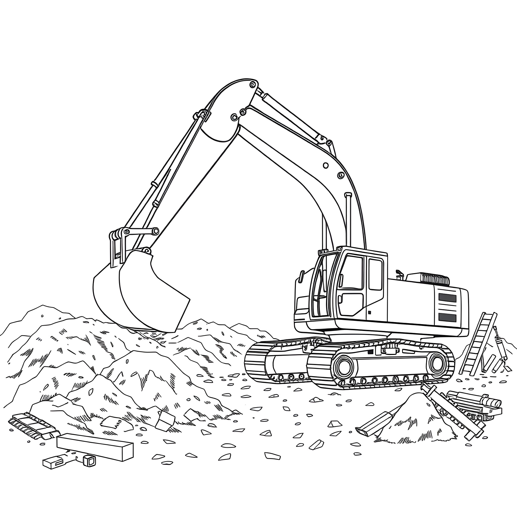 Excavator digging in a construction site Coloring Page (free black-and-white line drawing printable PDF for all, from beginners to advanced learners, including children, teens, adults, and seniors)