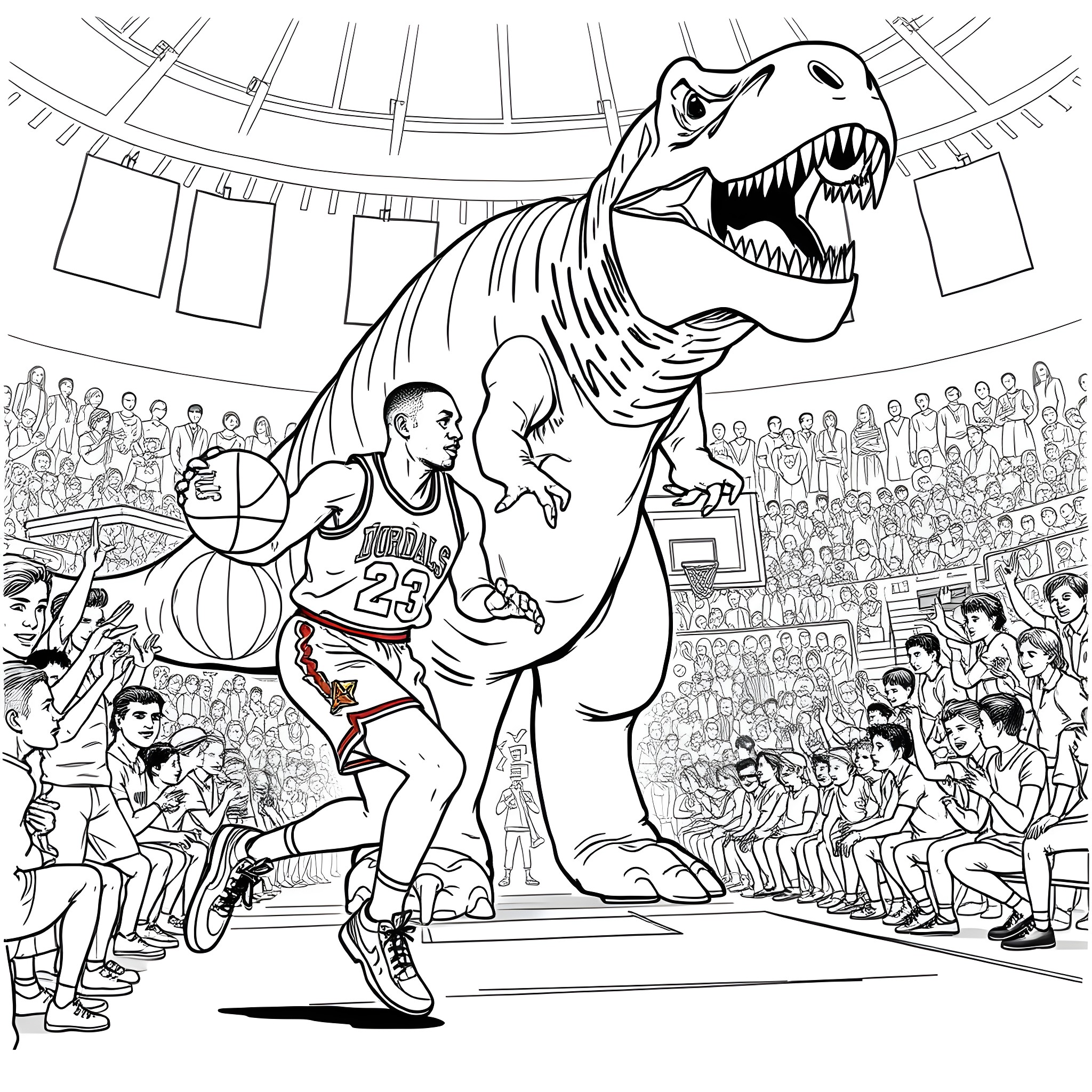 Michael Jordan dominates the court with a dinosaur Coloring Page (free black-and-white line drawing printable PDF for all, from beginners to advanced learners, including children, teens, adults, and seniors)