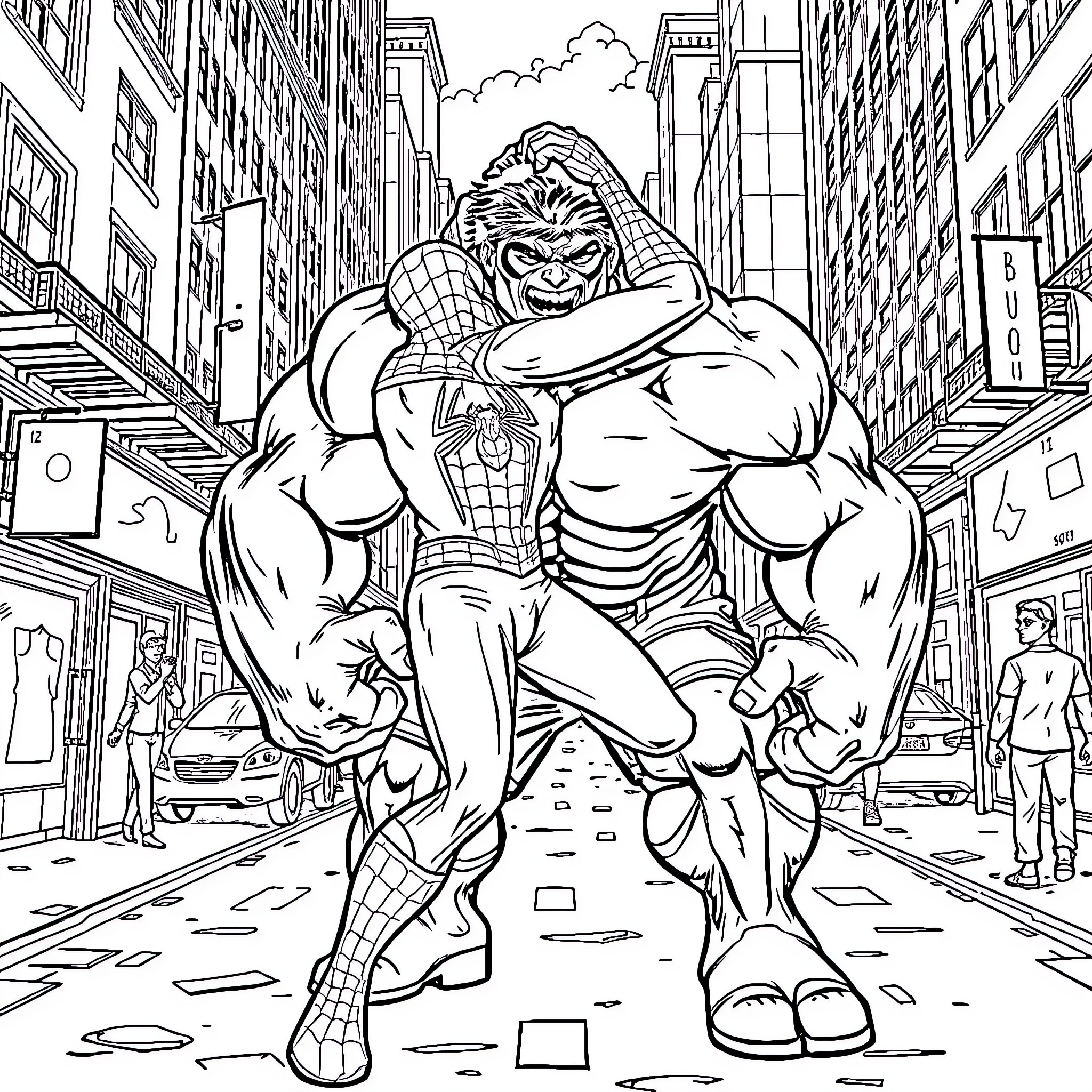 Spider-Man facing off against a powerful foe in the city Coloring Page (free black-and-white line drawing printable PDF for all, from beginners to advanced learners, including children, teens, adults, and seniors)
