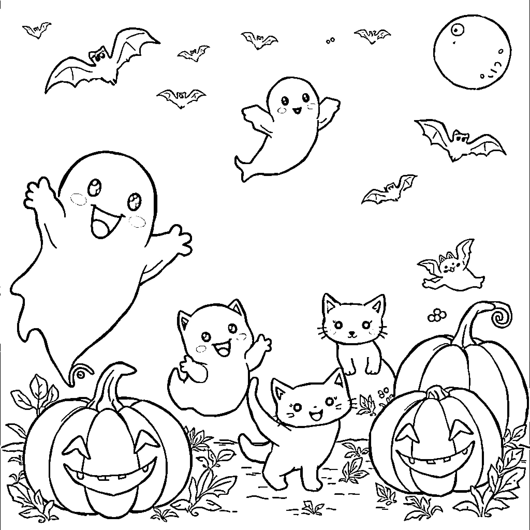 Ghost friends celebrate Halloween with cats and pumpkins Coloring Page (free black-and-white line drawing printable PDF for all, from beginners to advanced learners, including children, teens, adults, and seniors)