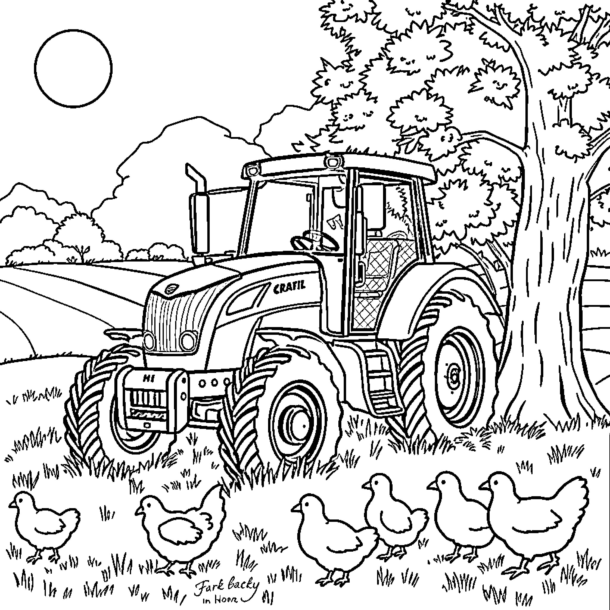 Tractor working in the countryside with farm animals Coloring Page (free black-and-white line drawing printable PDF for all, from beginners to advanced learners, including children, teens, adults, and seniors)