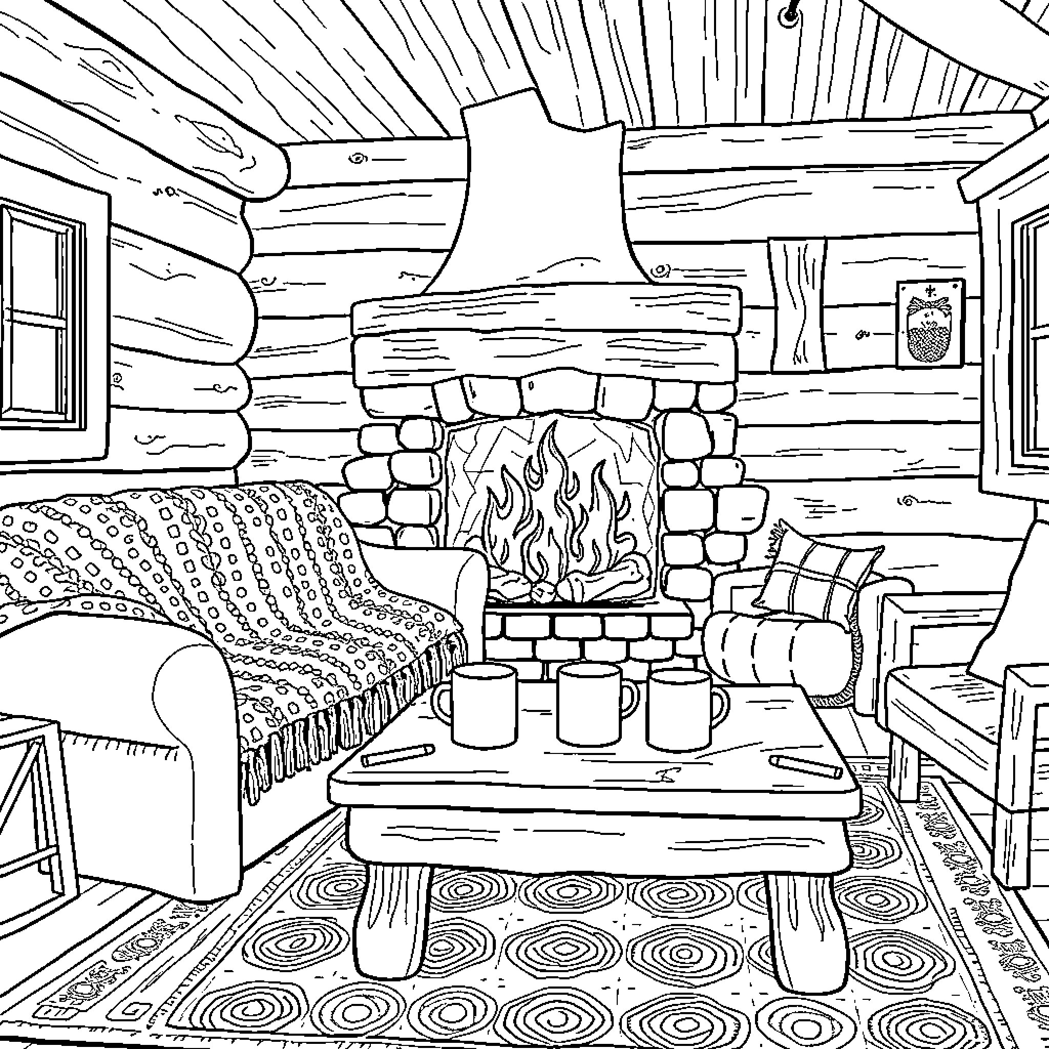 Cabin with Cozy Fireplace and Rustic Furnishings Coloring Page (free black-and-white line drawing printable PDF for all, from beginners to advanced learners, including children, teens, adults, and seniors)