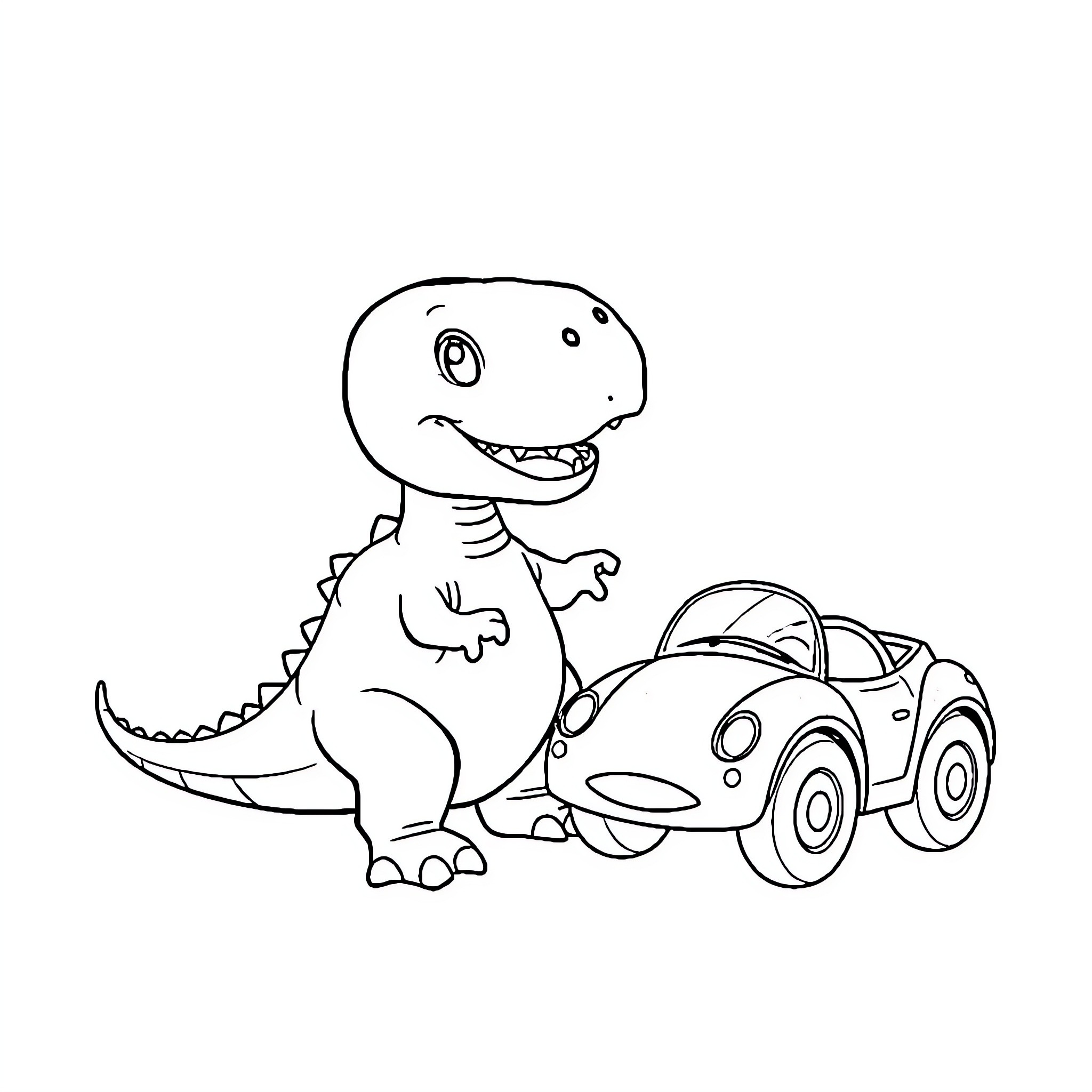 Dinosaur driving a toy car happily Coloring Page (free black-and-white line drawing printable PDF for all, from beginners to advanced learners, including children, teens, adults, and seniors)