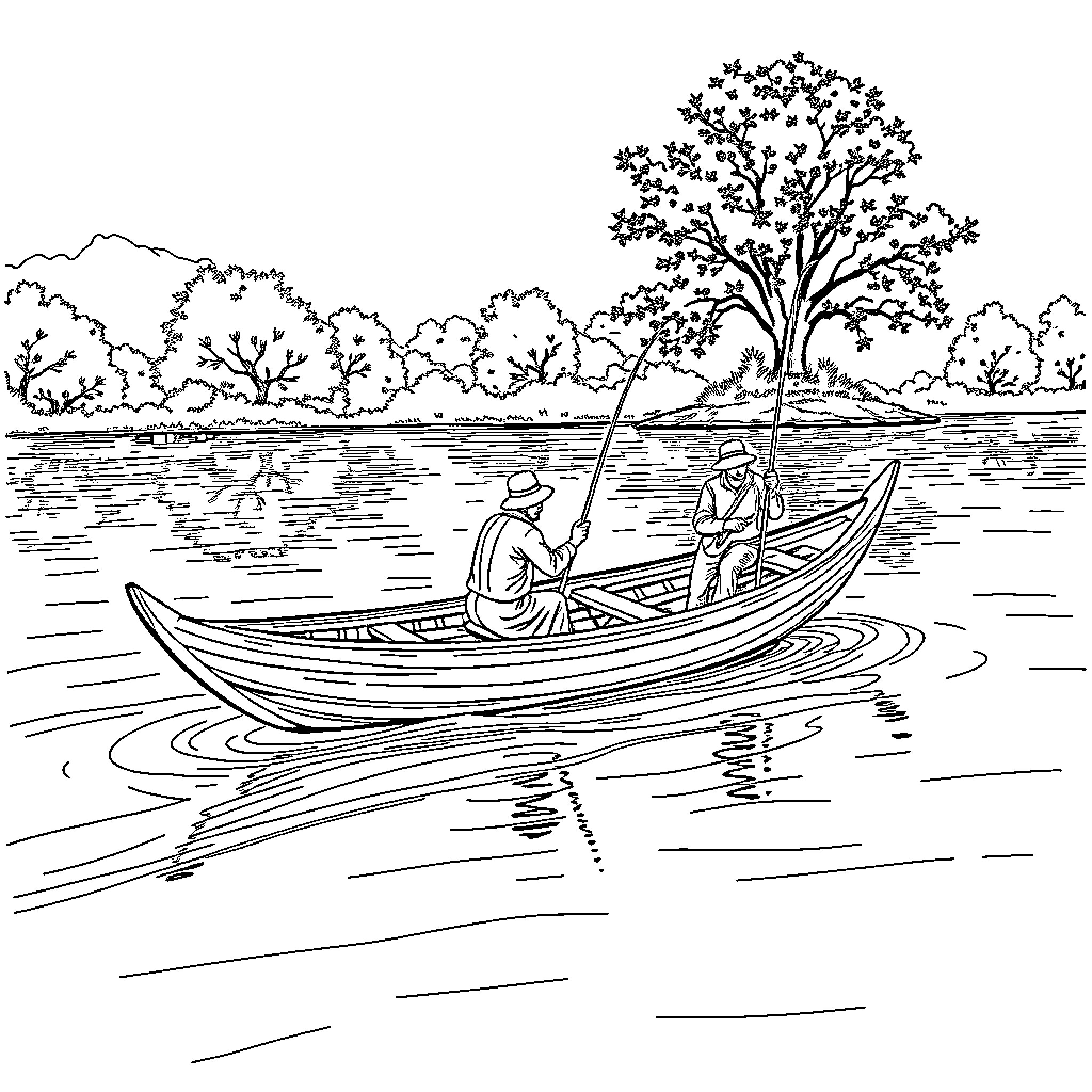 Man fishing on a boat in serene river landscape Coloring Page (free black-and-white line drawing printable PDF for all, from beginners to advanced learners, including children, teens, adults, and seniors)