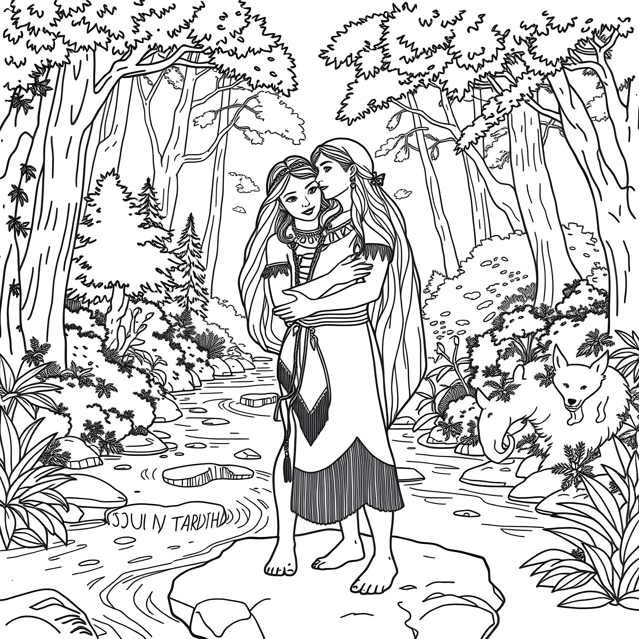 Pocahontas embracing a companion in the forest Coloring Page (free black-and-white line drawing printable PDF for all, from beginners to advanced learners, including children, teens, adults, and seniors)