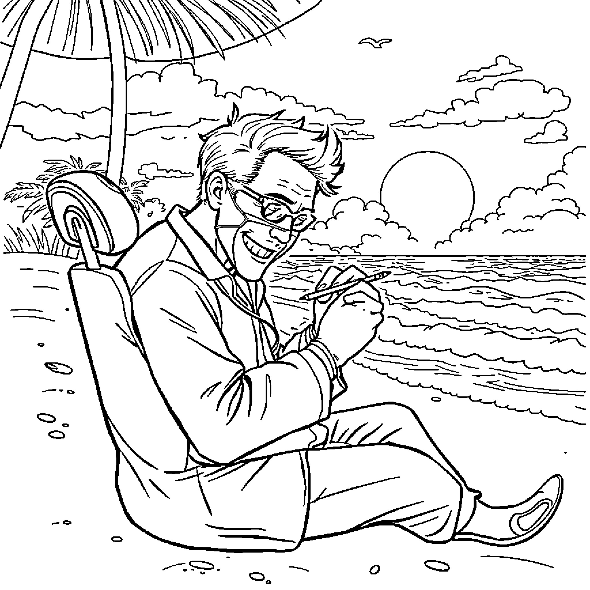 Dentist relaxing on the beach during sunset Coloring Page (free black-and-white line drawing printable PDF for all, from beginners to advanced learners, including children, teens, adults, and seniors)