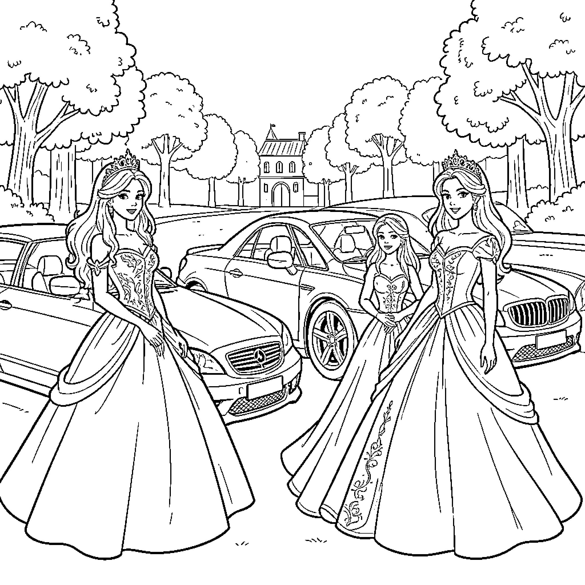 Car Full of Elegant Ladies in Formal Attire Coloring Page (free black-and-white line drawing printable PDF for all, from beginners to advanced learners, including children, teens, adults, and seniors)