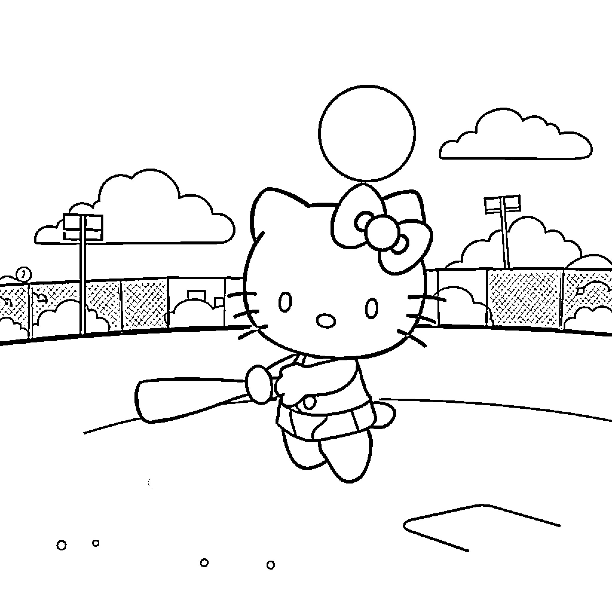 Hello Kitty enjoying the outdoors Coloring Page (free black-and-white line drawing printable PDF for all, from beginners to advanced learners, including children, teens, adults, and seniors)