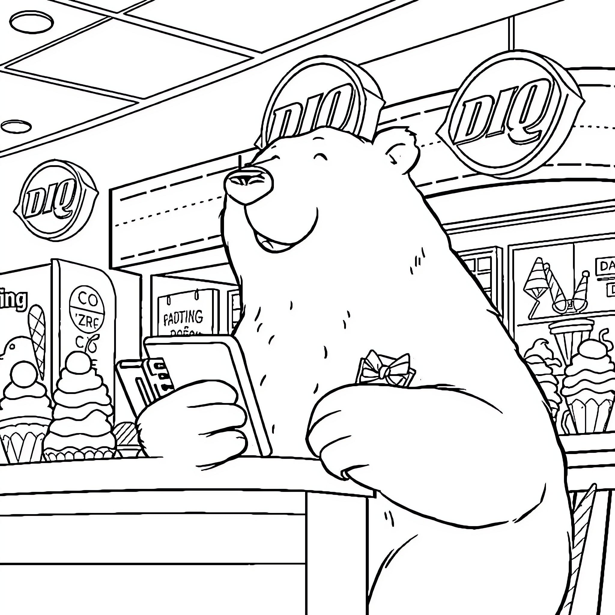 Polar Bear Shopping at the Grocery Store Coloring Page (free black-and-white line drawing printable PDF for all, from beginners to advanced learners, including children, teens, adults, and seniors)