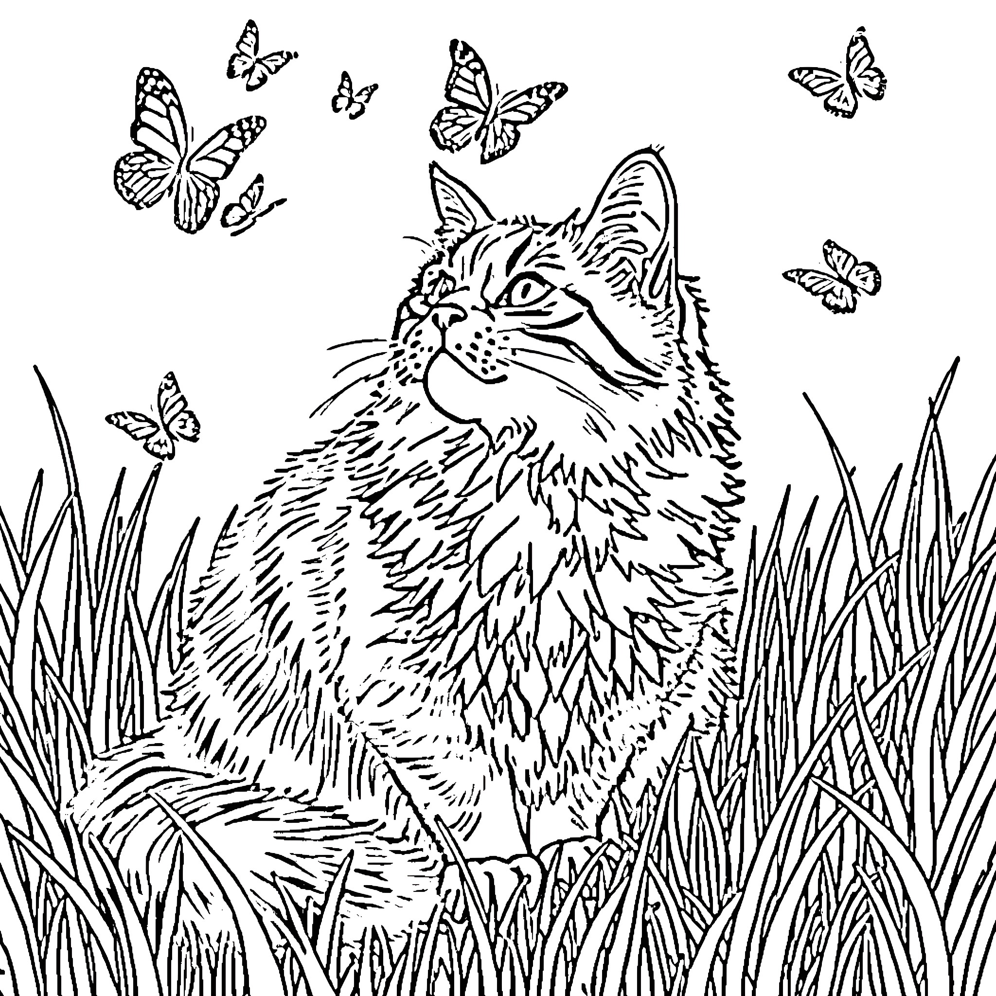 Cat amid butterflies in grassy meadow Coloring Page (free black-and-white line drawing printable PDF for all, from beginners to advanced learners, including children, teens, adults, and seniors)