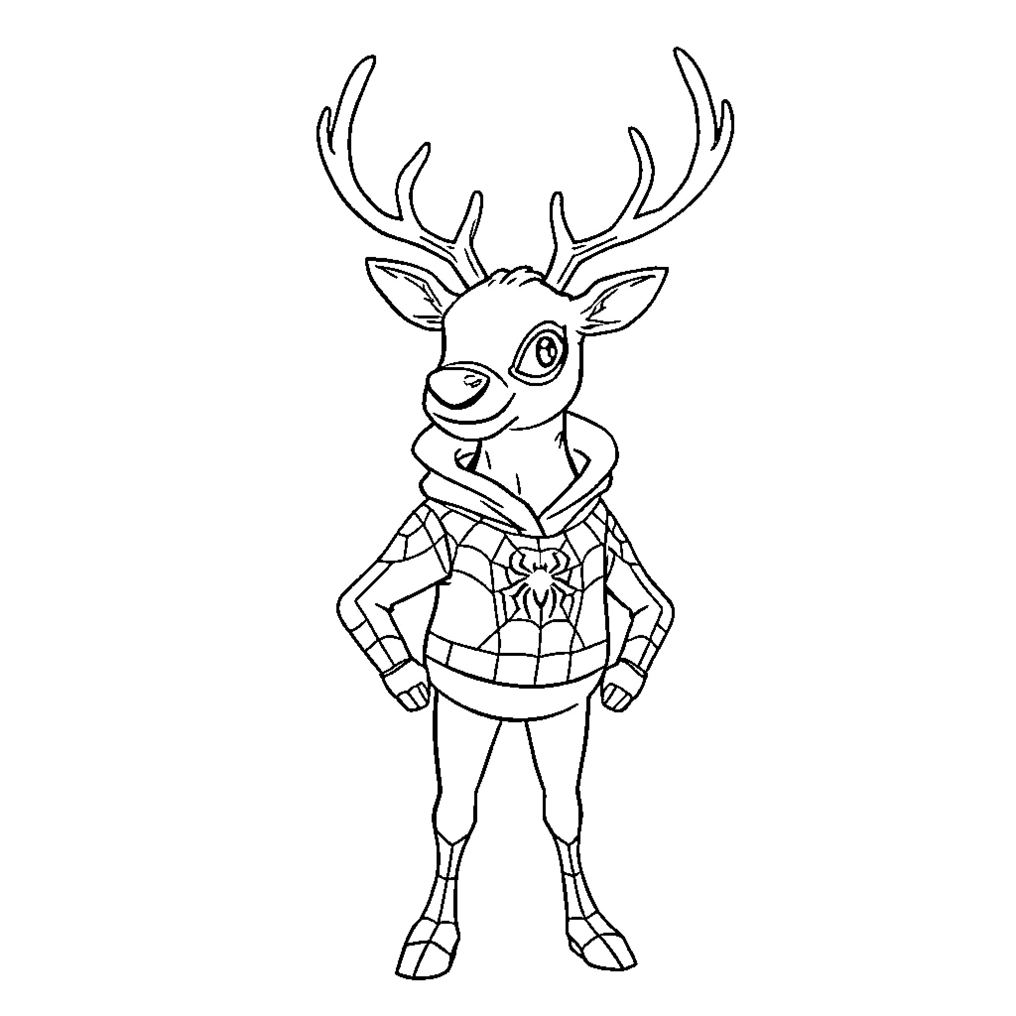 Reindeer wearing cozy winter outfit Coloring Page (free black-and-white line drawing printable PDF for all, from beginners to advanced learners, including children, teens, adults, and seniors)