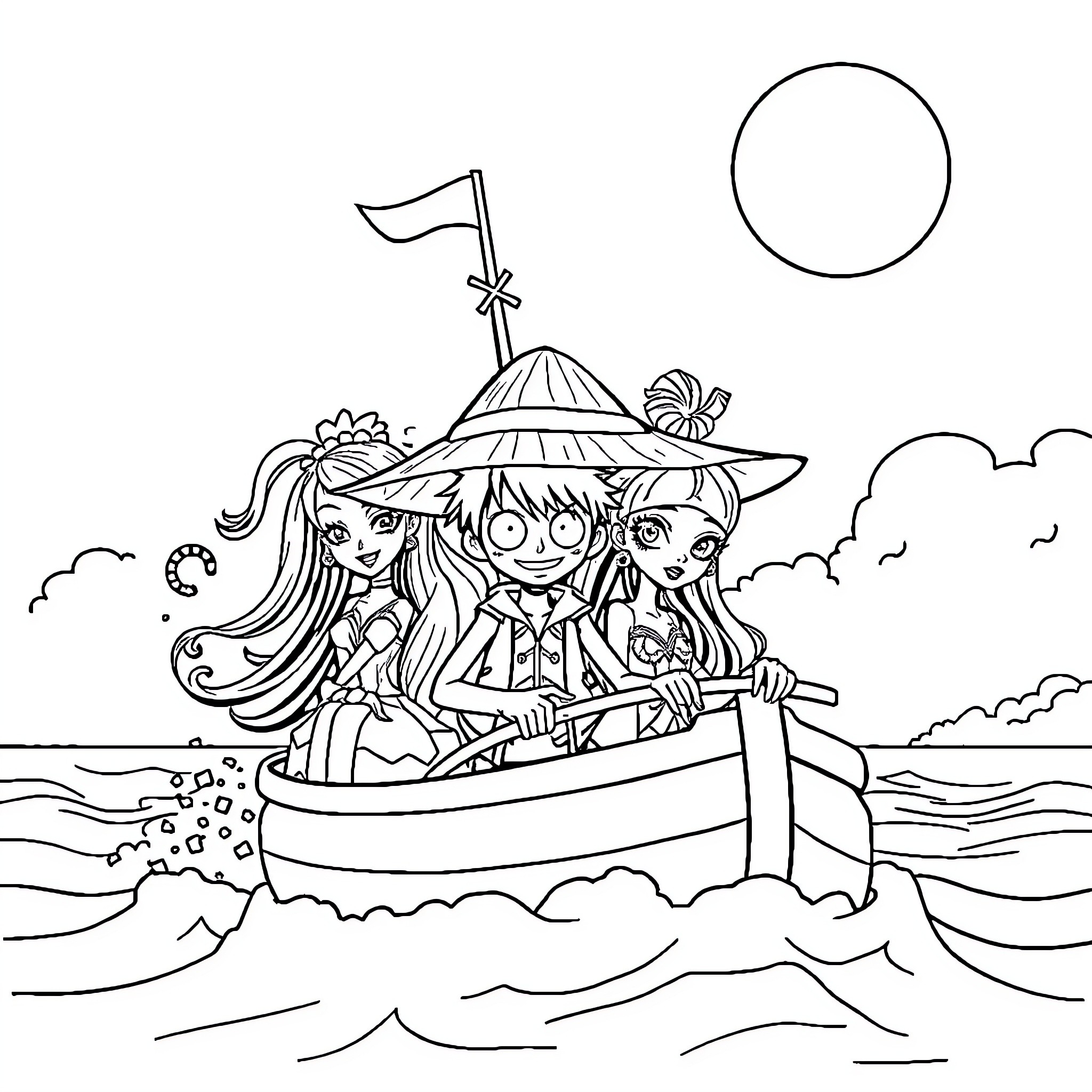 Luffy and friends sailing on the open waters Coloring Page (free black-and-white line drawing printable PDF for all, from beginners to advanced learners, including children, teens, adults, and seniors)