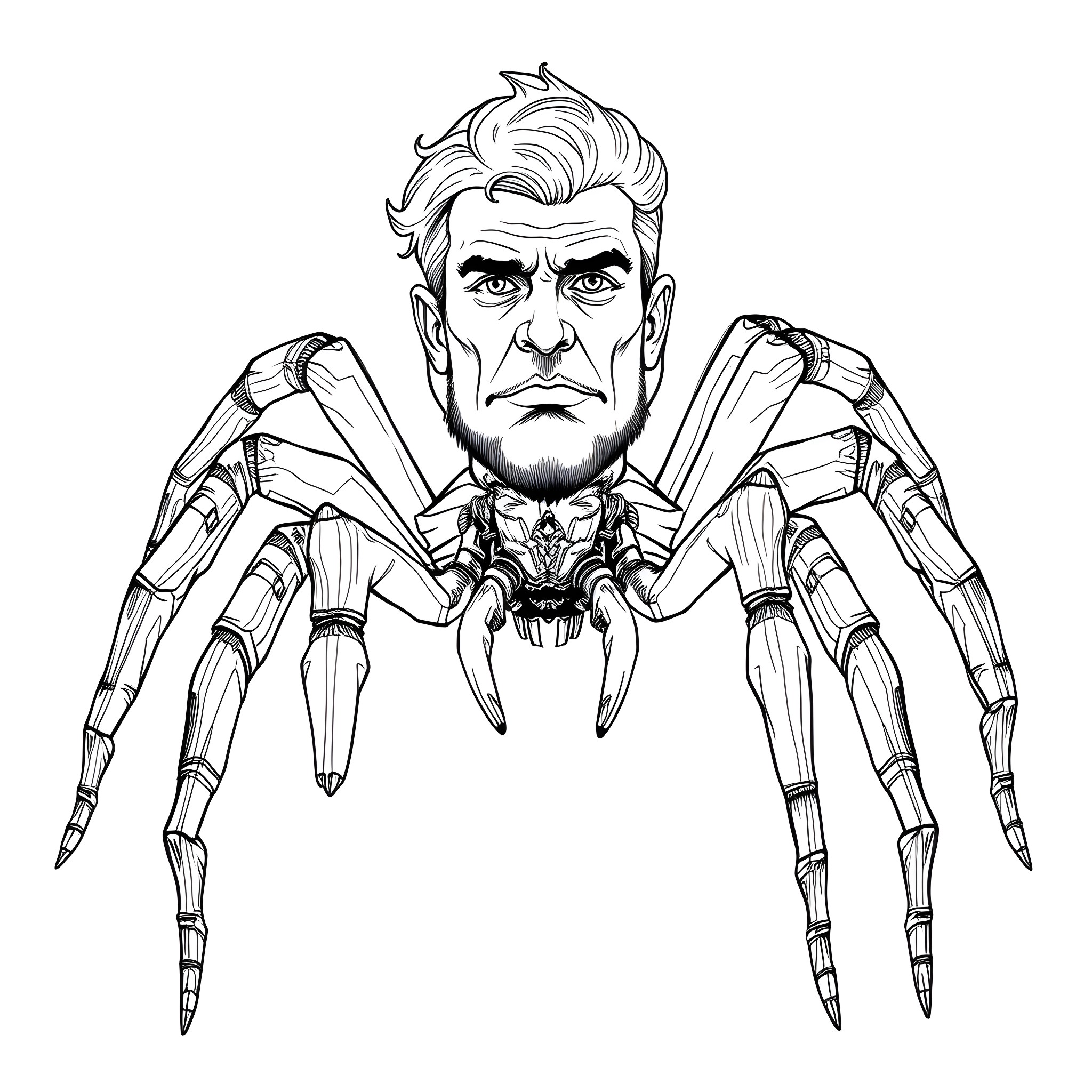 Spider-like Cyborg with Angry Facial Expression Coloring Page (free black-and-white line drawing printable PDF for all, from beginners to advanced learners, including children, teens, adults, and seniors)