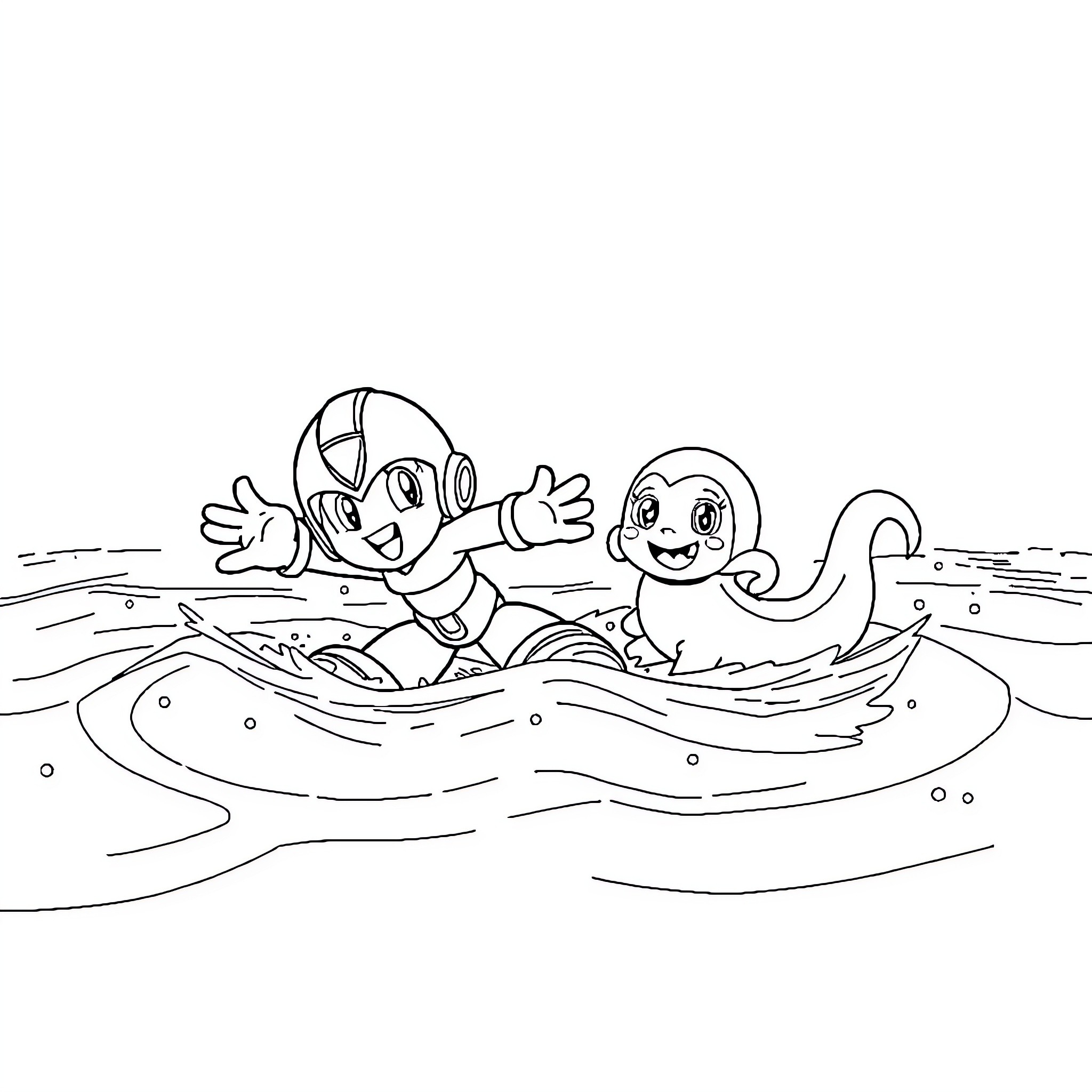 Megaman swimming with cartoon creature in water Coloring Page (free black-and-white line drawing printable PDF for all, from beginners to advanced learners, including children, teens, adults, and seniors)