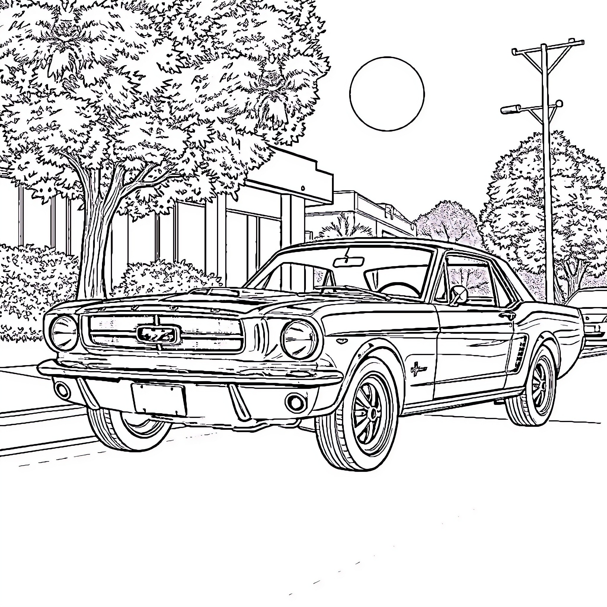 Mustang sports car in an urban environment Coloring Page (free black-and-white line drawing printable PDF for all, from beginners to advanced learners, including children, teens, adults, and seniors)