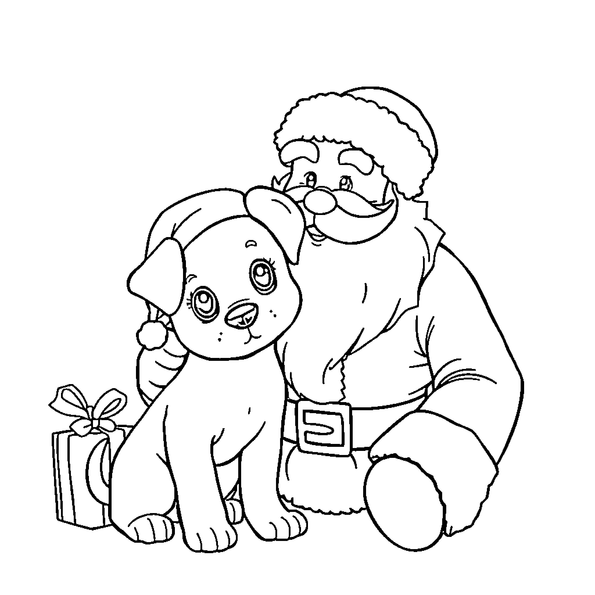 Puppy and Santa Claus celebrating Christmas Coloring Page (free black-and-white line drawing printable PDF for all, from beginners to advanced learners, including children, teens, adults, and seniors)