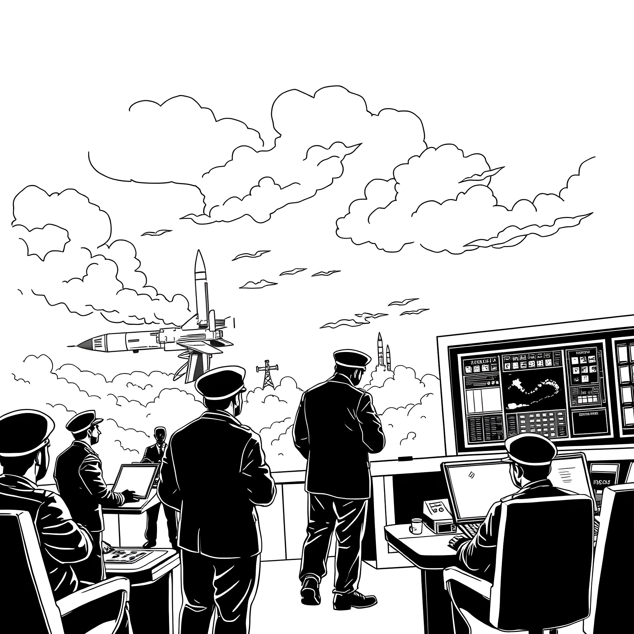 Cuban Missile Crisis: Military Command Center Operations Coloring Page (free black-and-white line drawing printable PDF for all, from beginners to advanced learners, including children, teens, adults, and seniors)