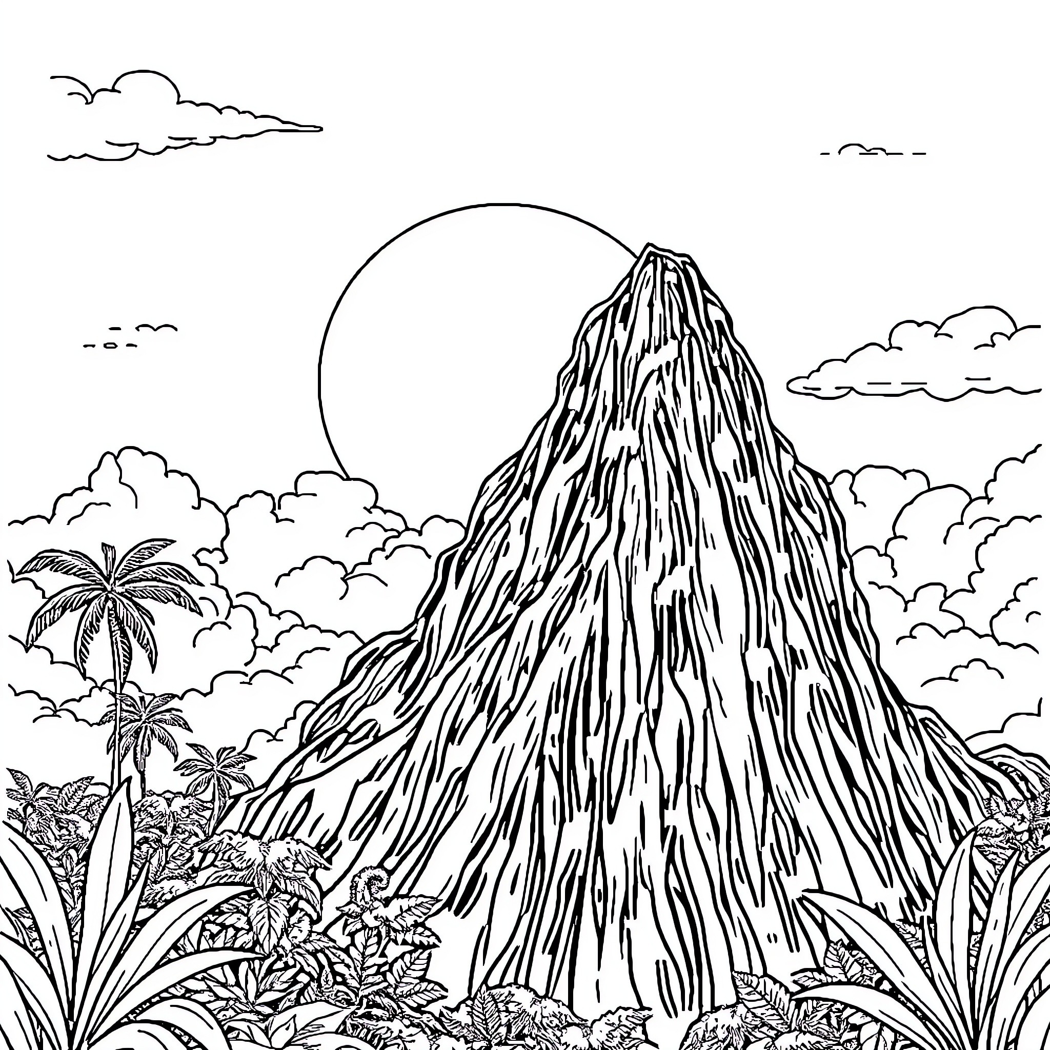 Mountain landscape with tropical plants and clouds Coloring Page (free black-and-white line drawing printable PDF for all, from beginners to advanced learners, including children, teens, adults, and seniors)