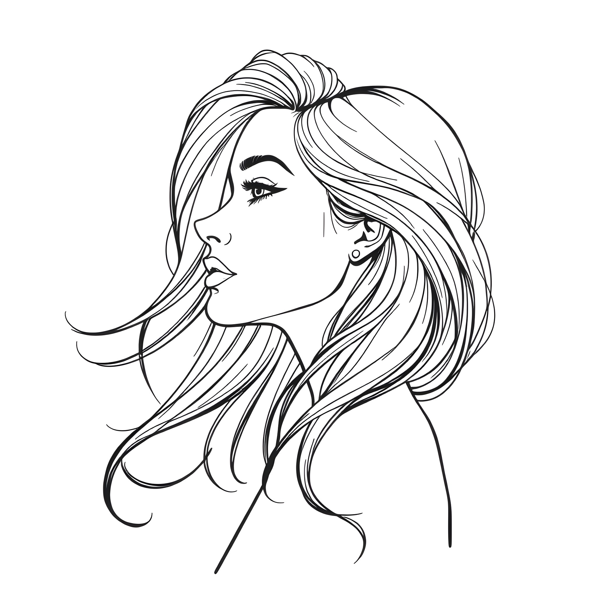 Female with flowing hair and elegant expression Coloring Page (free black-and-white line drawing printable PDF for all, from beginners to advanced learners, including children, teens, adults, and seniors)