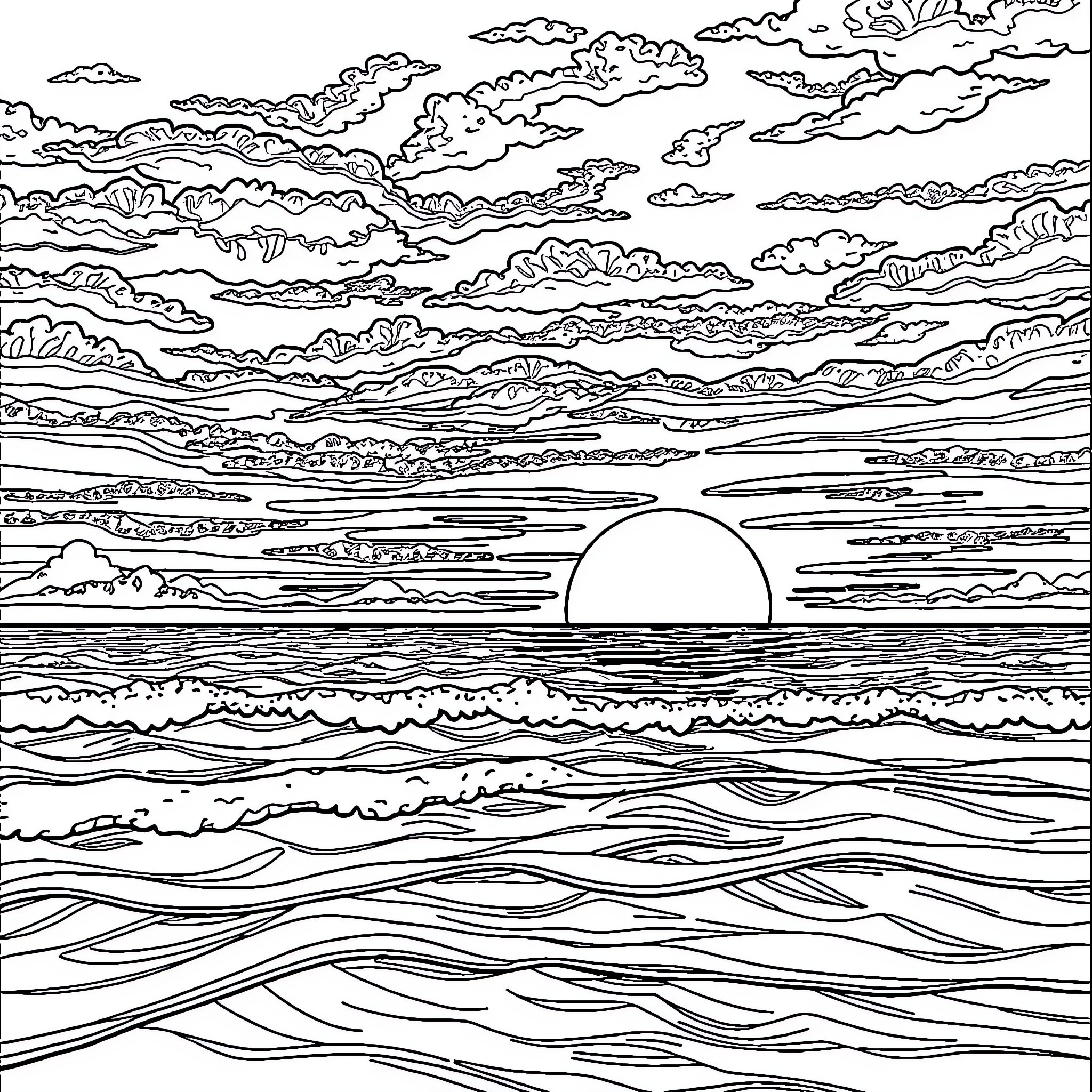 Ocean sunset with dramatic cloudy sky Coloring Page (free black-and-white line drawing printable PDF for all, from beginners to advanced learners, including children, teens, adults, and seniors)