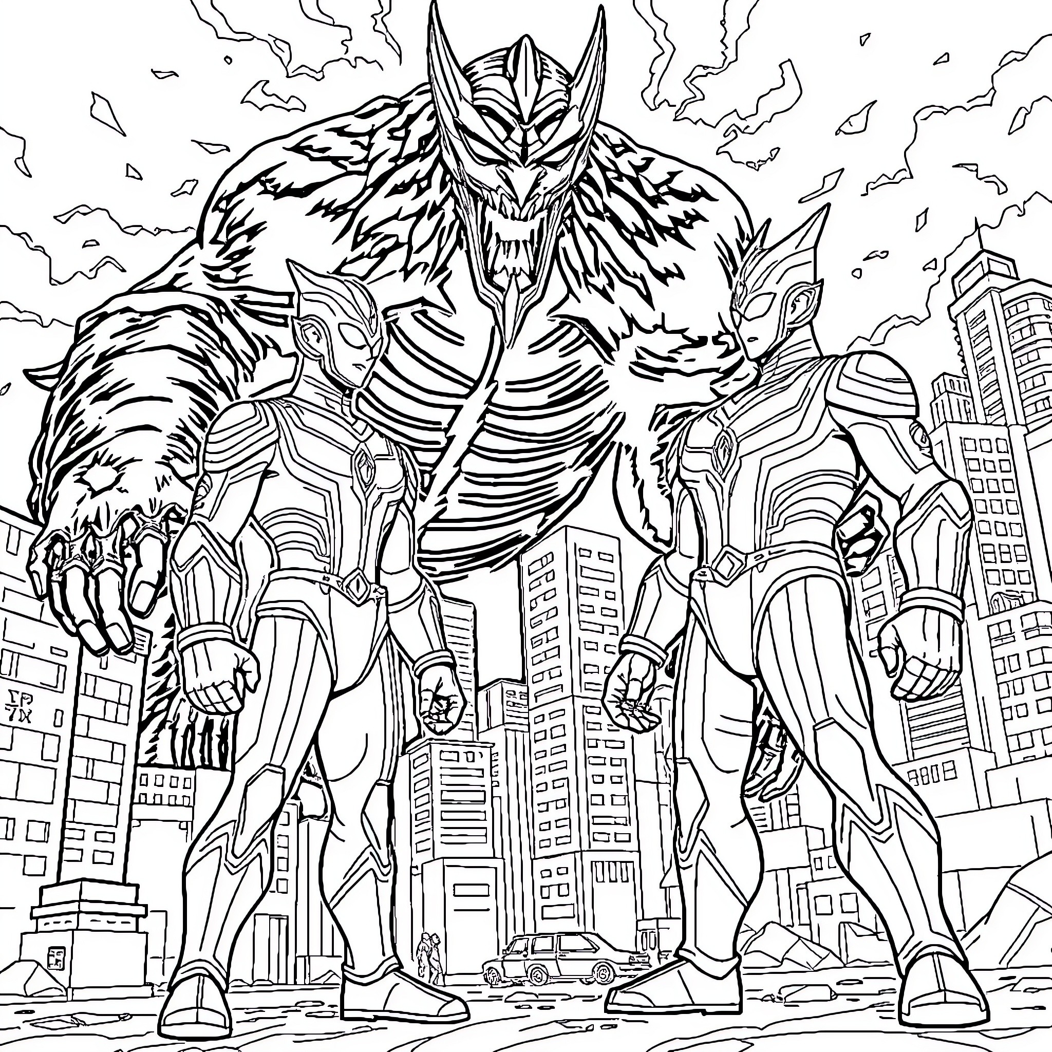 Ultraman's Heroic Showdown in the City Coloring Page (free black-and-white line drawing printable PDF for all, from beginners to advanced learners, including children, teens, adults, and seniors)