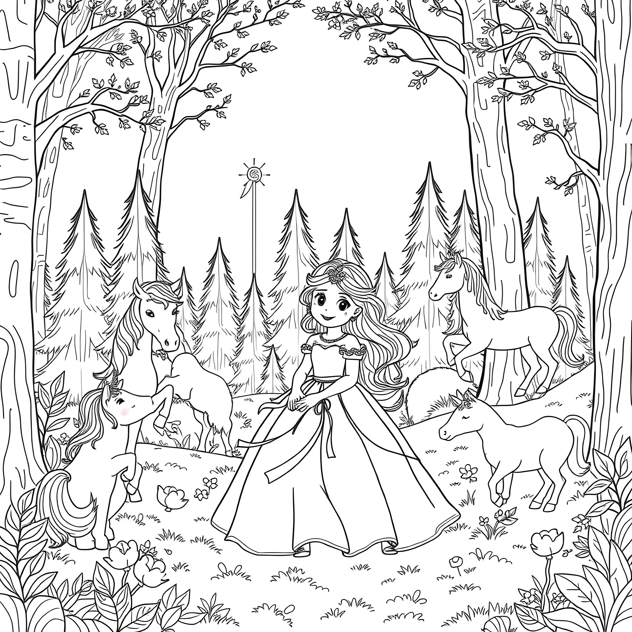 Princess in a Magical Forest with Unicorns Coloring Page (free black-and-white line drawing printable PDF for all, from beginners to advanced learners, including children, teens, adults, and seniors)